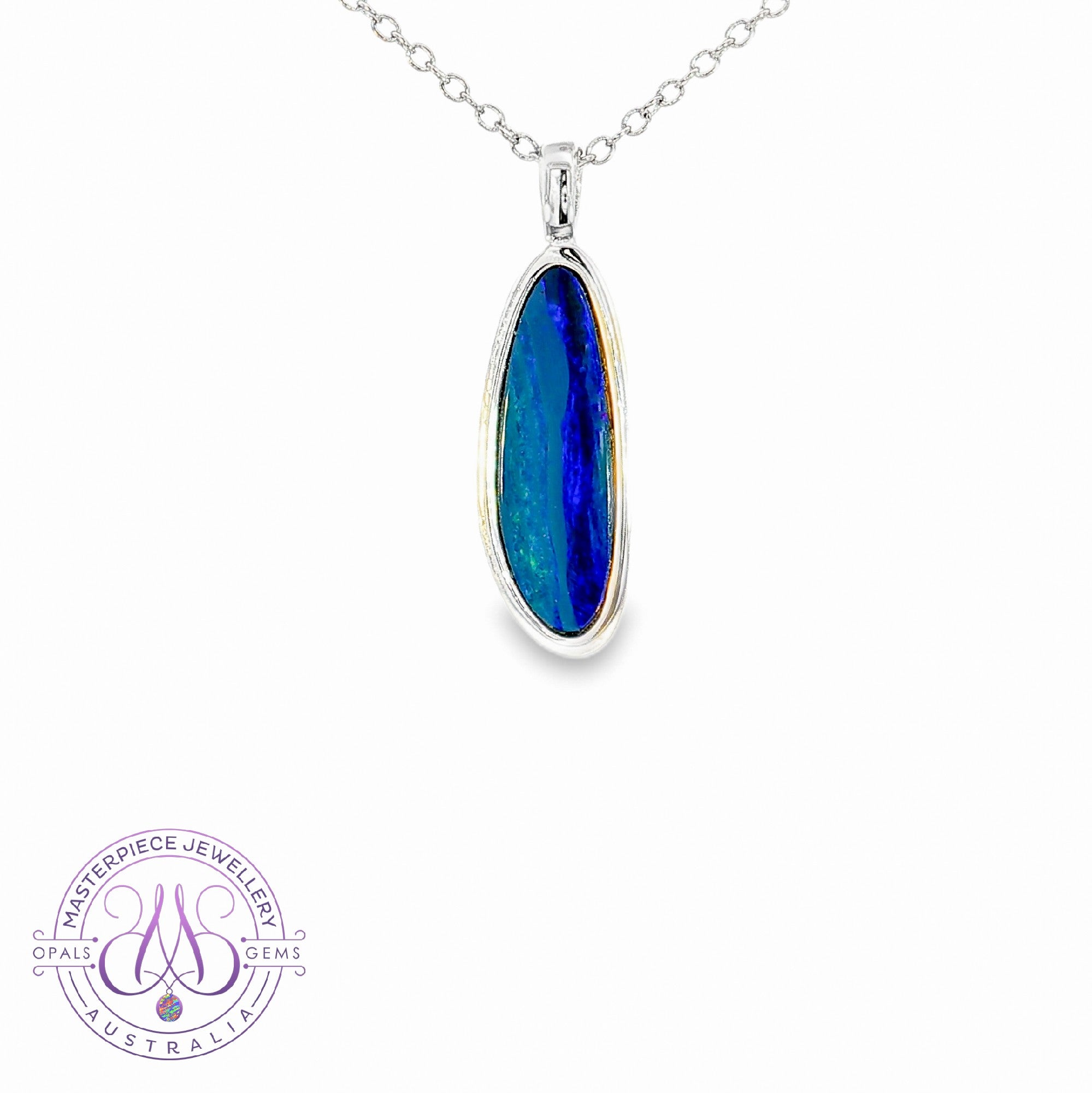 Sterling Silver long Drop shape Blue Green Opal doublet pendant