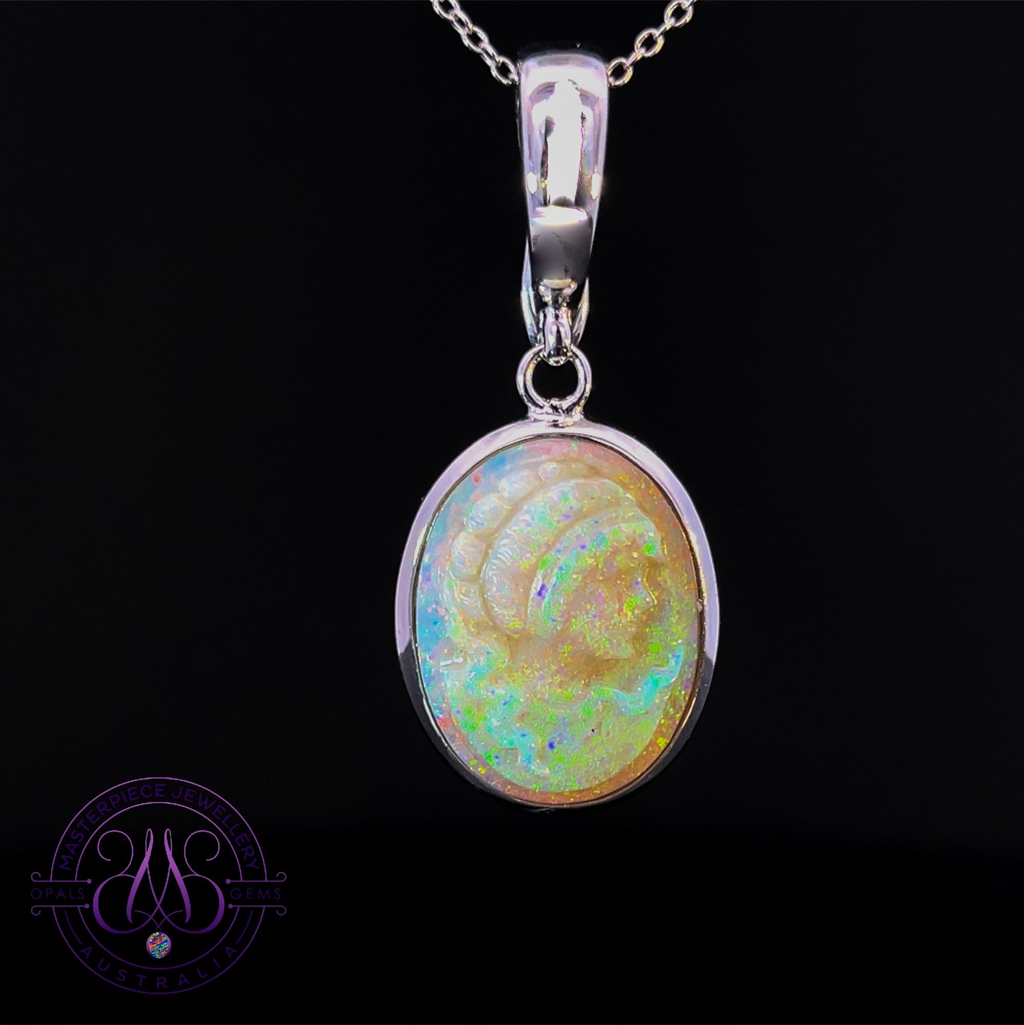 Sterling Silver Cameo carving Light Opal pendant