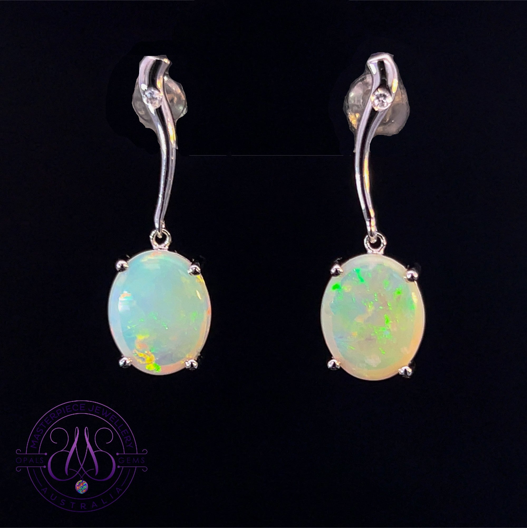 Sterling Silver dangling Crystal Opal 10x8mm curved bar earrings