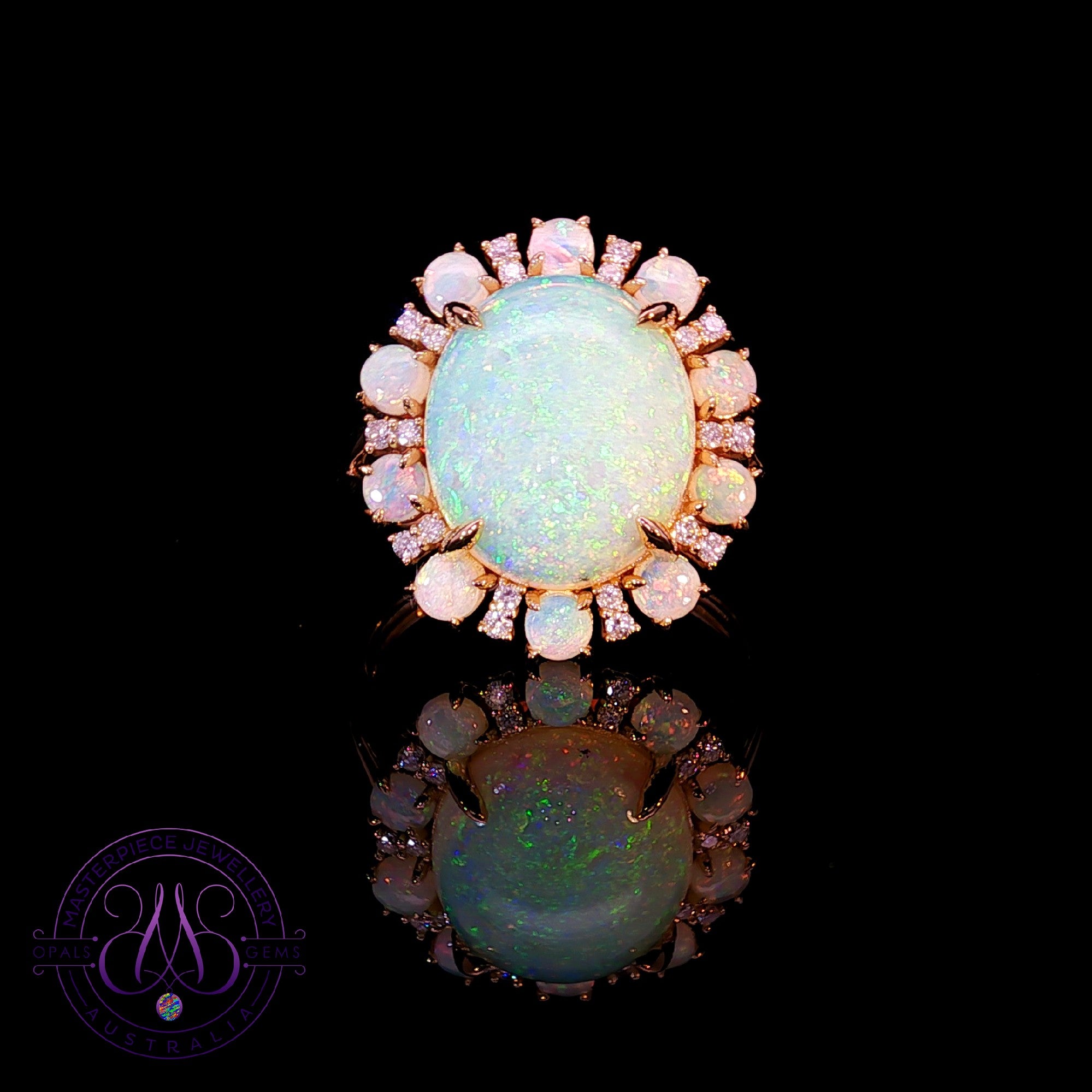 18kt Yellow Gold cluster ring with Light Opals and diamonds 