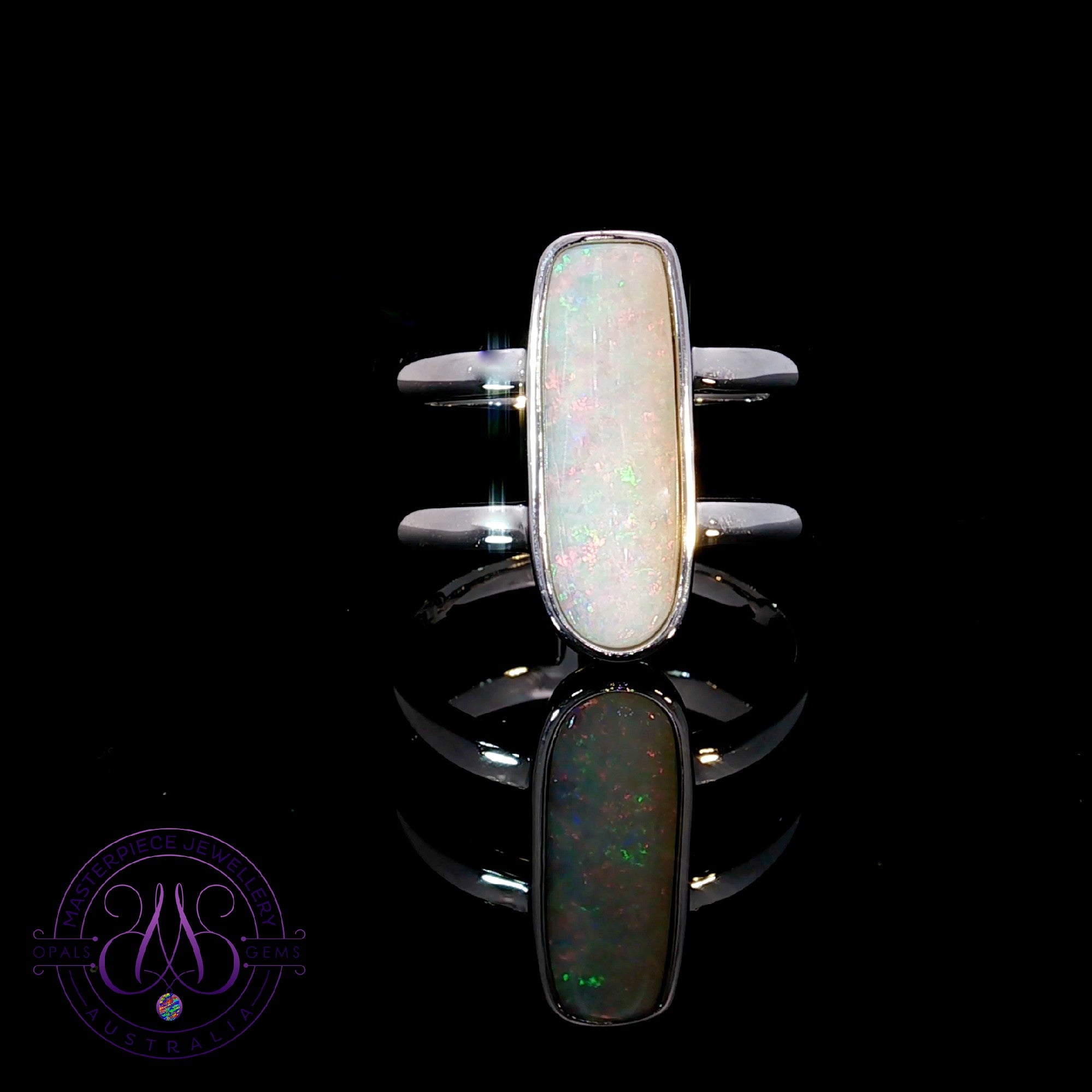 Sterling Silver double band Long Rectangular White Opal ring