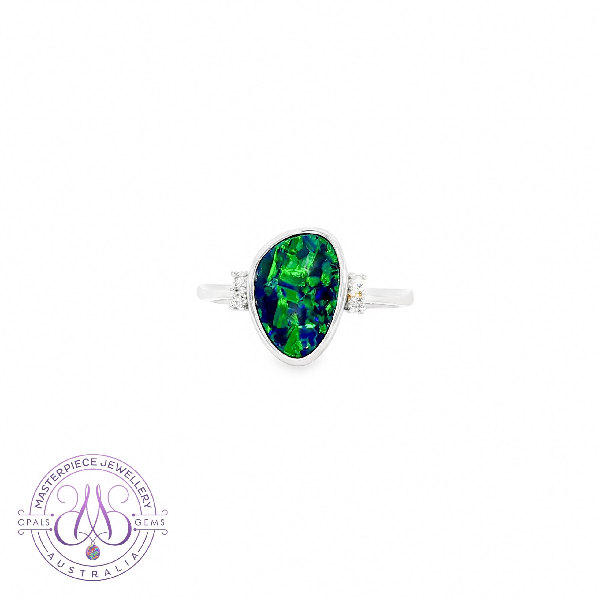 14kt White Gold Opal doublet 1.58ct and diamond 0.08ct ring