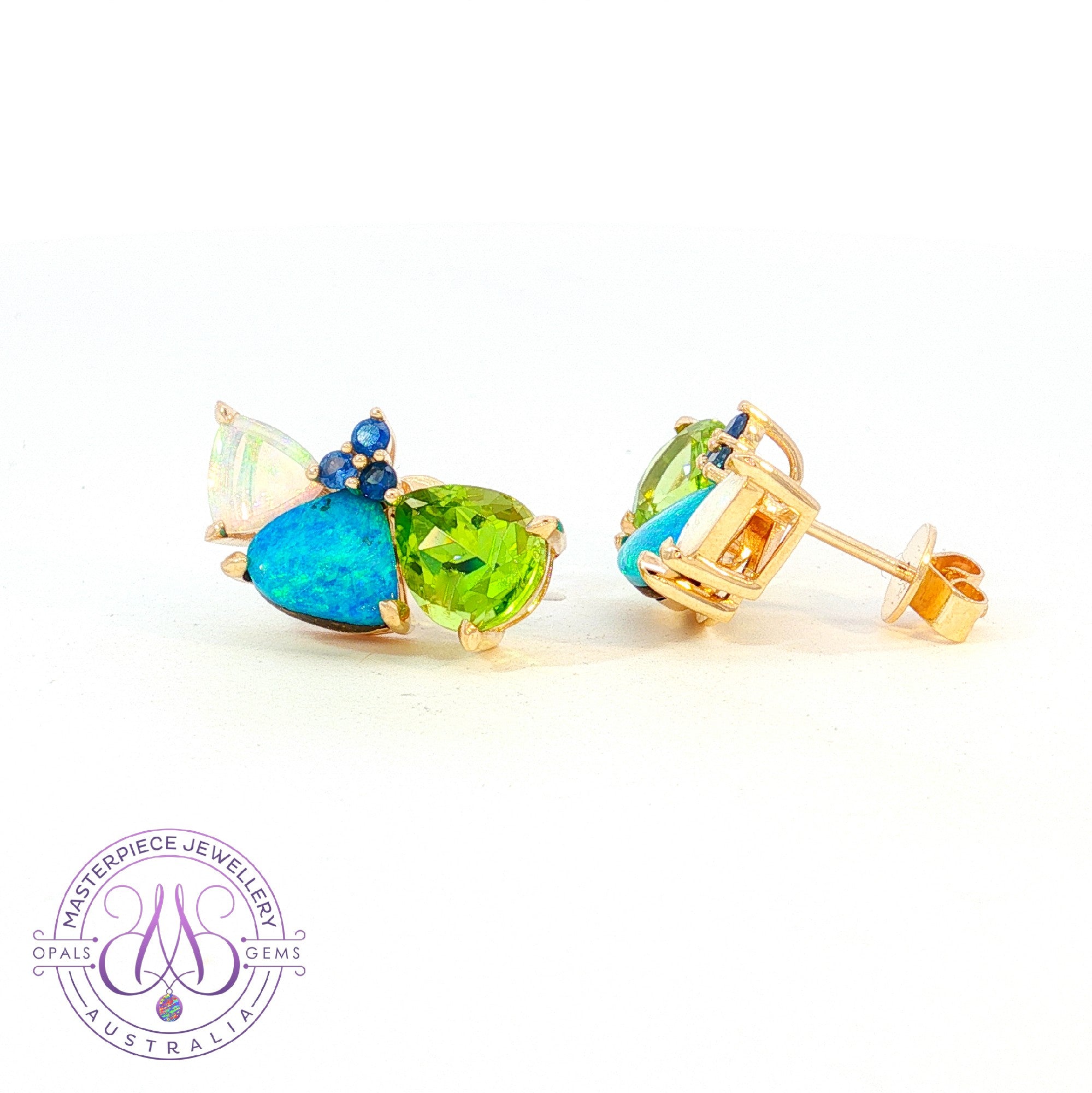 14kt Yellow Gold multi colour studs with Opal, Sapphires and Peridot 