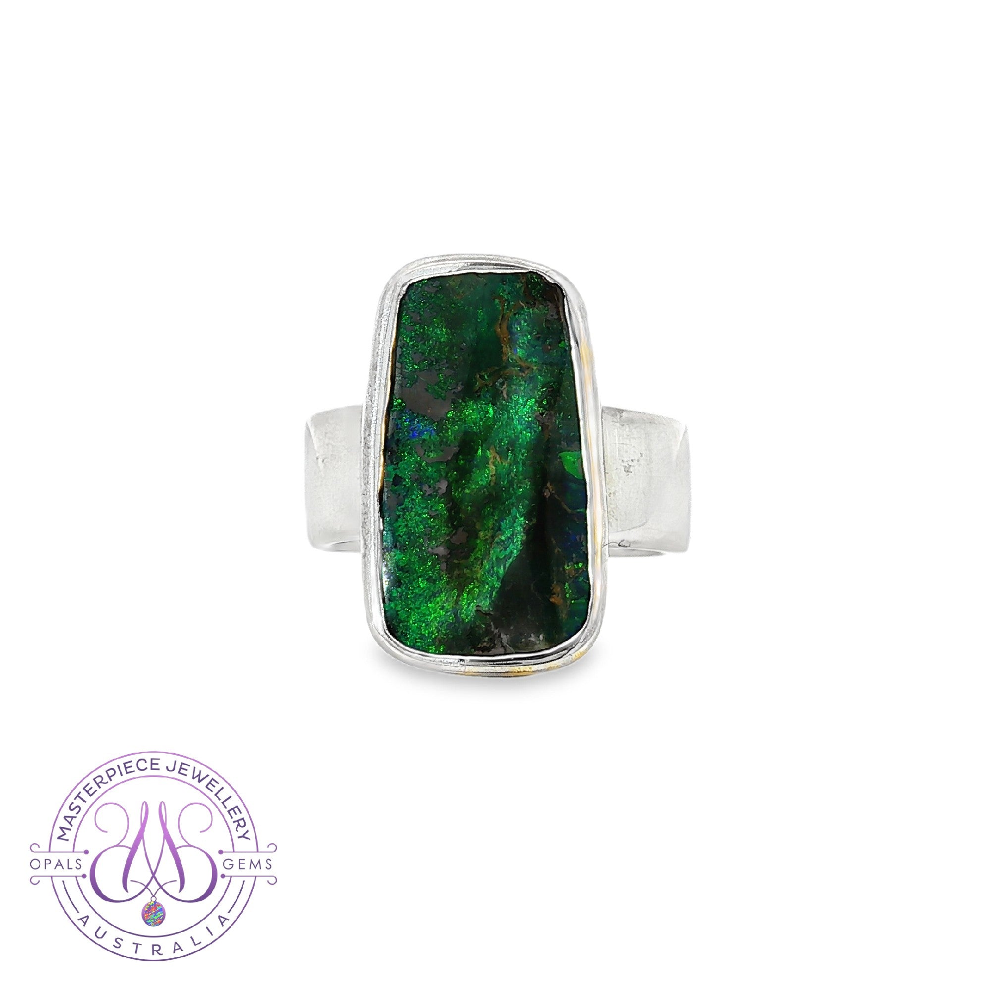 Sterling Silver Bezel set Boulder Opal green flashes ring