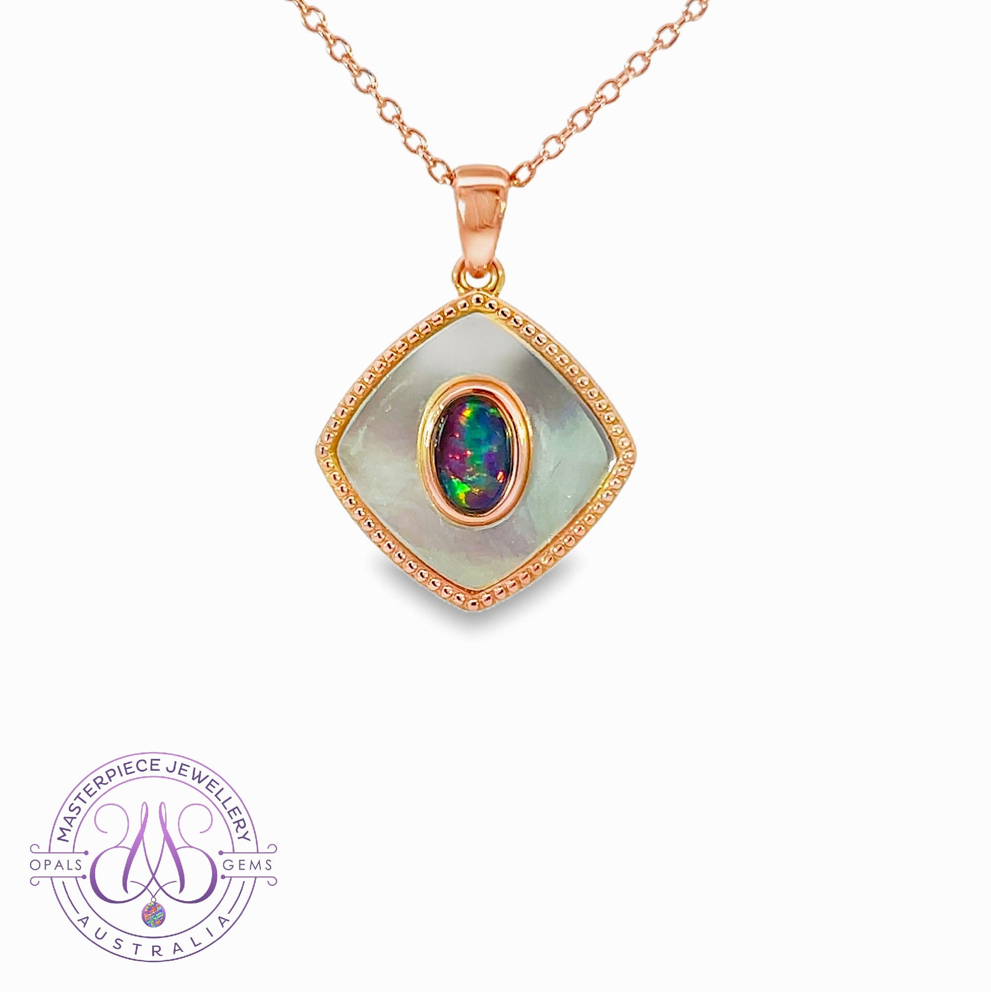 Rose gold plated silver Mother of Pearl and opal triplet 6x4mm pendant