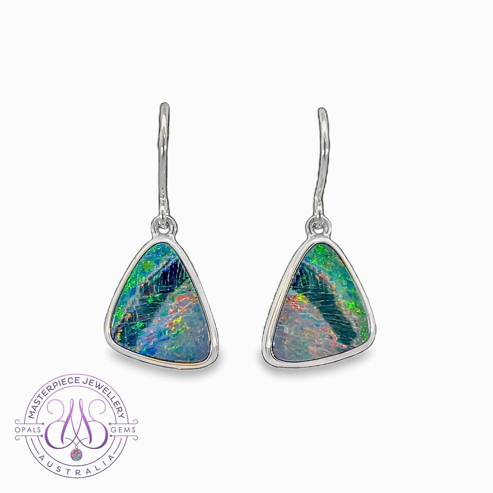 Sterling Silver triangle Opal doublet 5.38ct dangling earrings