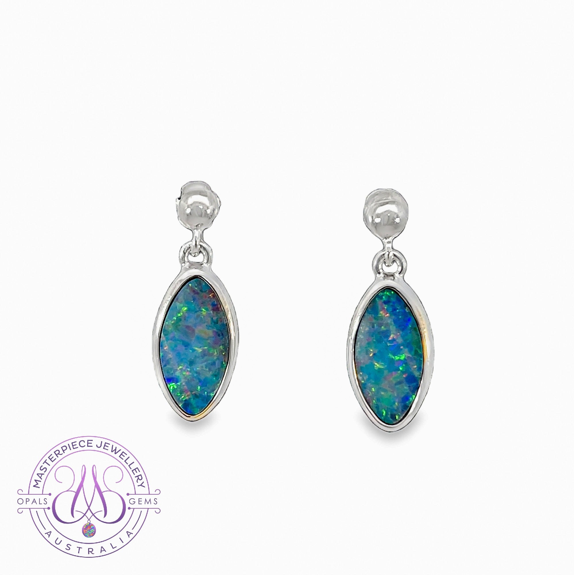 Sterling Silver marquise shape Opal doublet 3.35ct dangling earrings