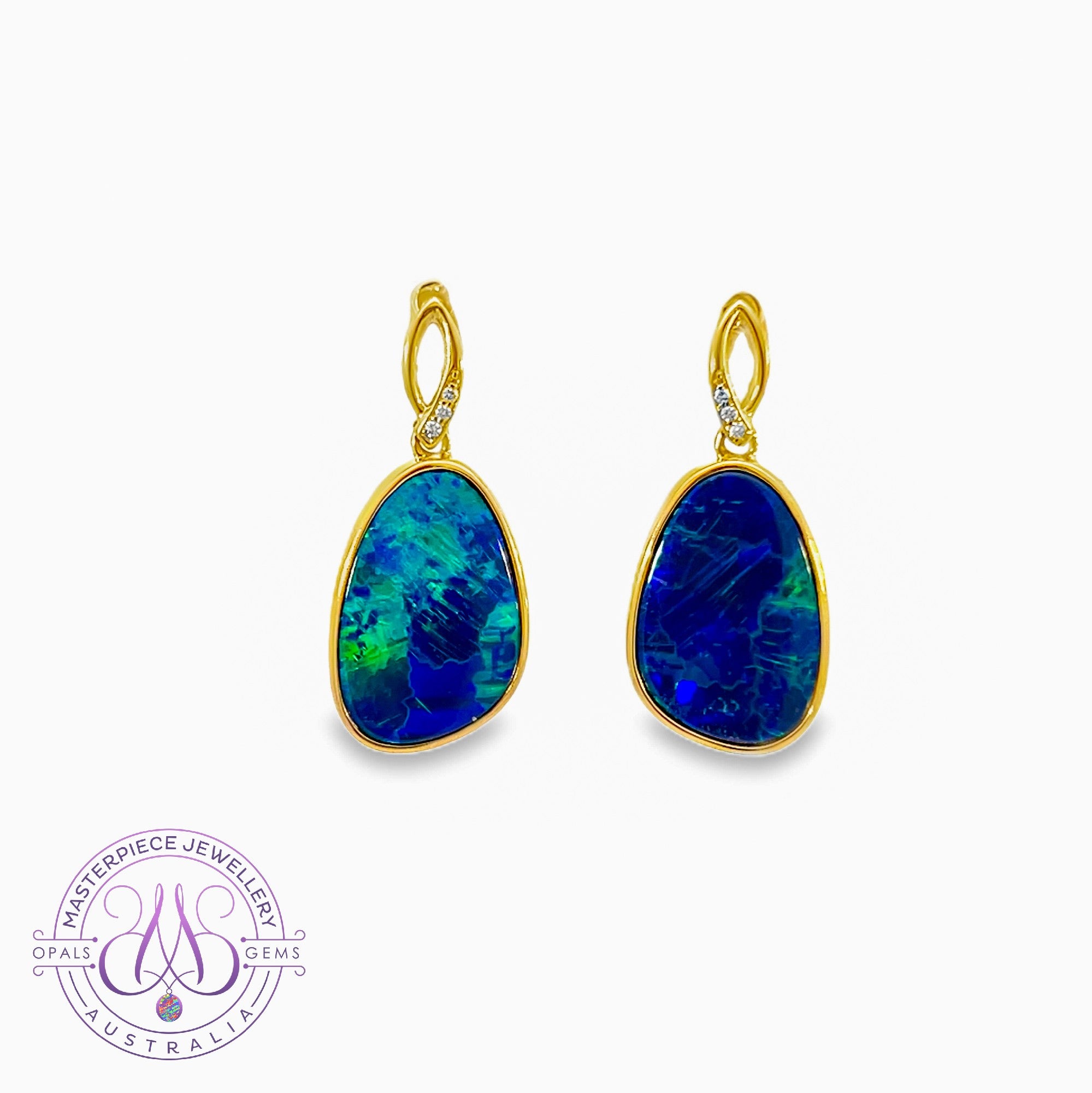 14kt Yellow Gold dangling Blue Green 7.55ct Opal doublet and diamond earrings