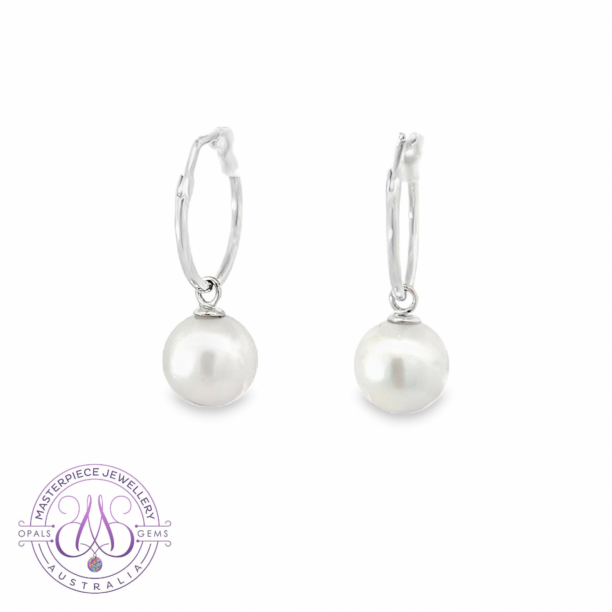 14kt White Gold Hoop style dangling South Sea Pearl earrings 8.5-9mm