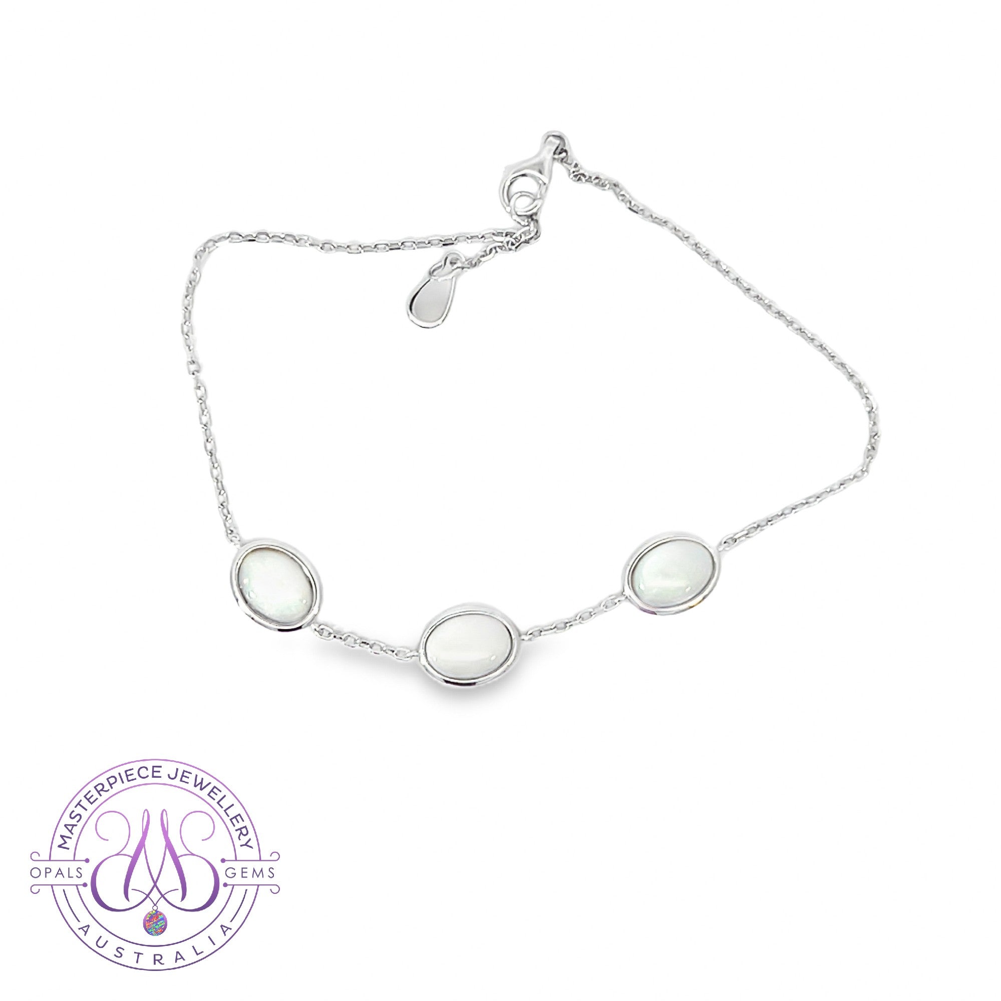 Sterling Silver 8x6mm White Opal 3 stone bracelet