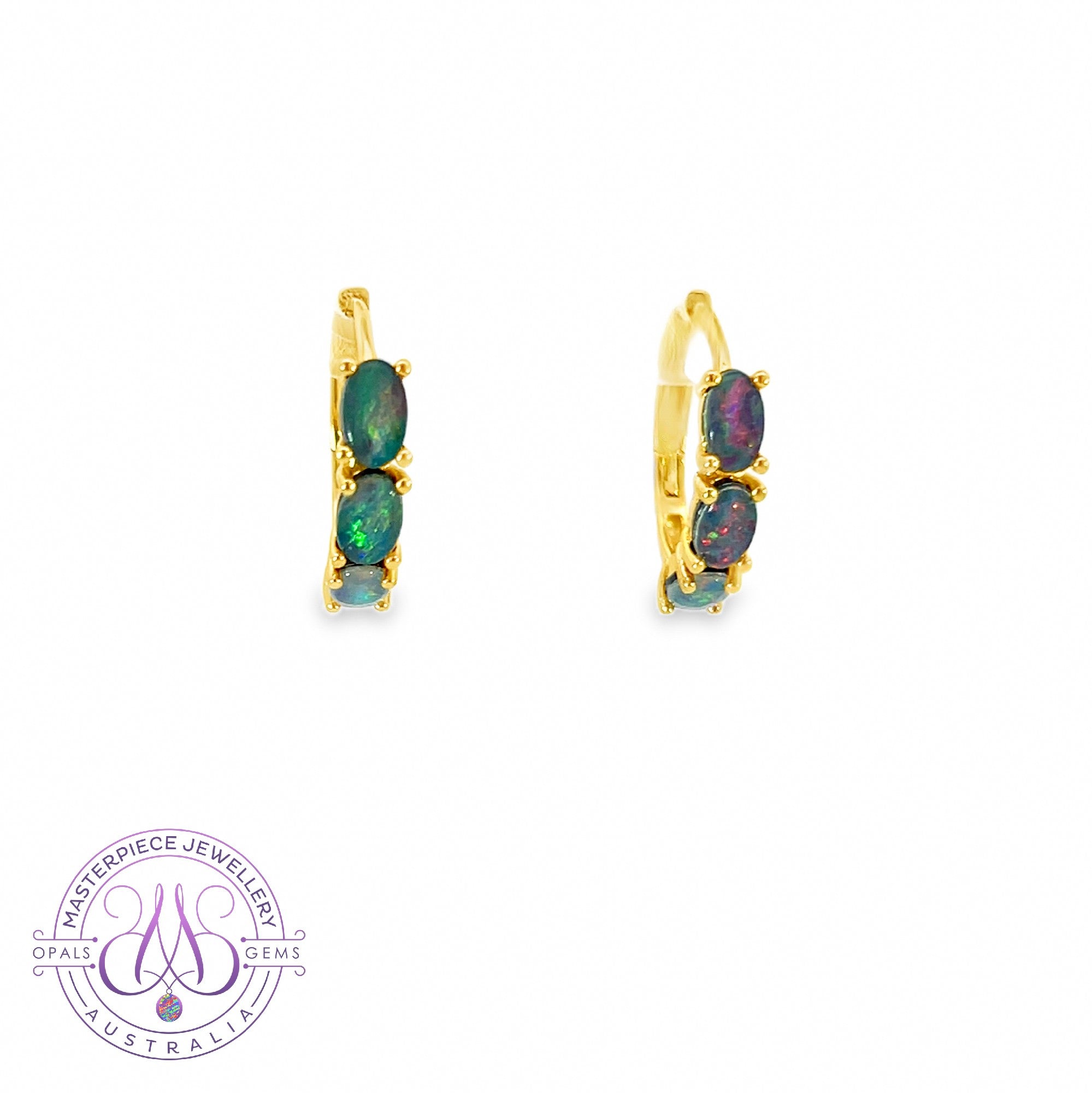 Gold Plated huggie style 5x3mm Opal triplet earrings