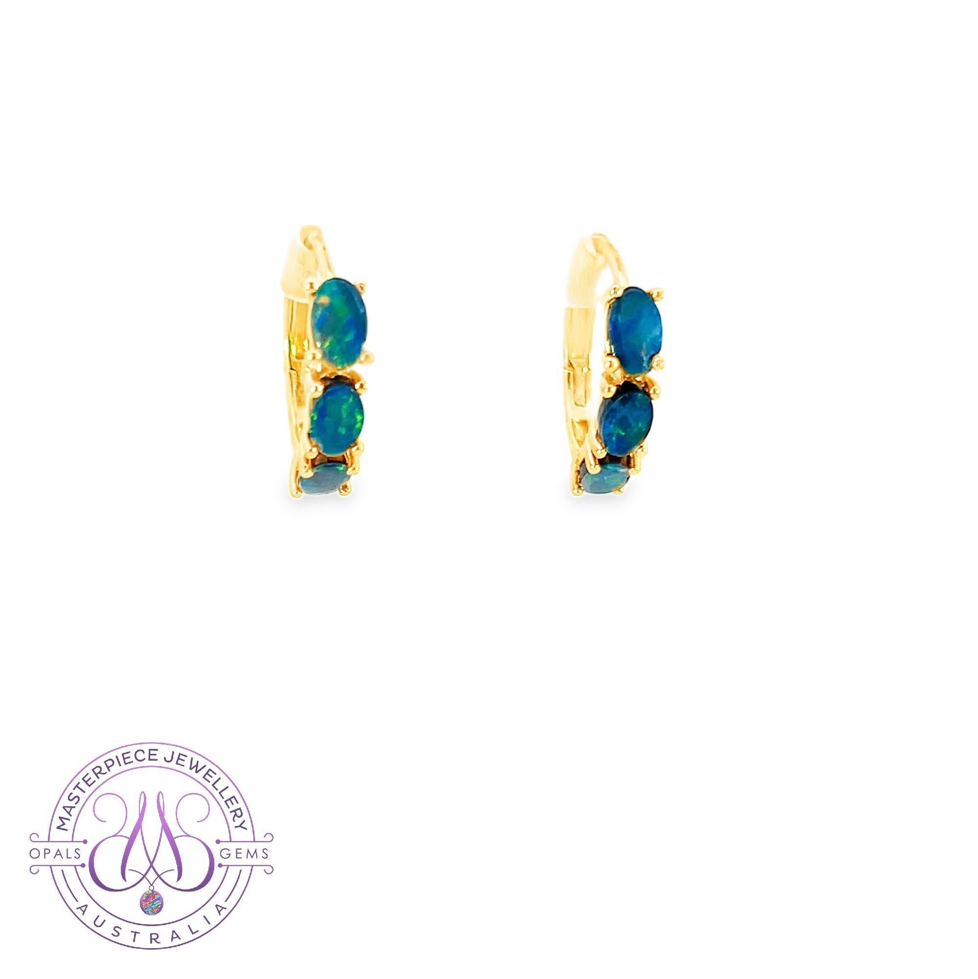 Gold Plated Silver huggie 5x3mm Doublet Opal earrings