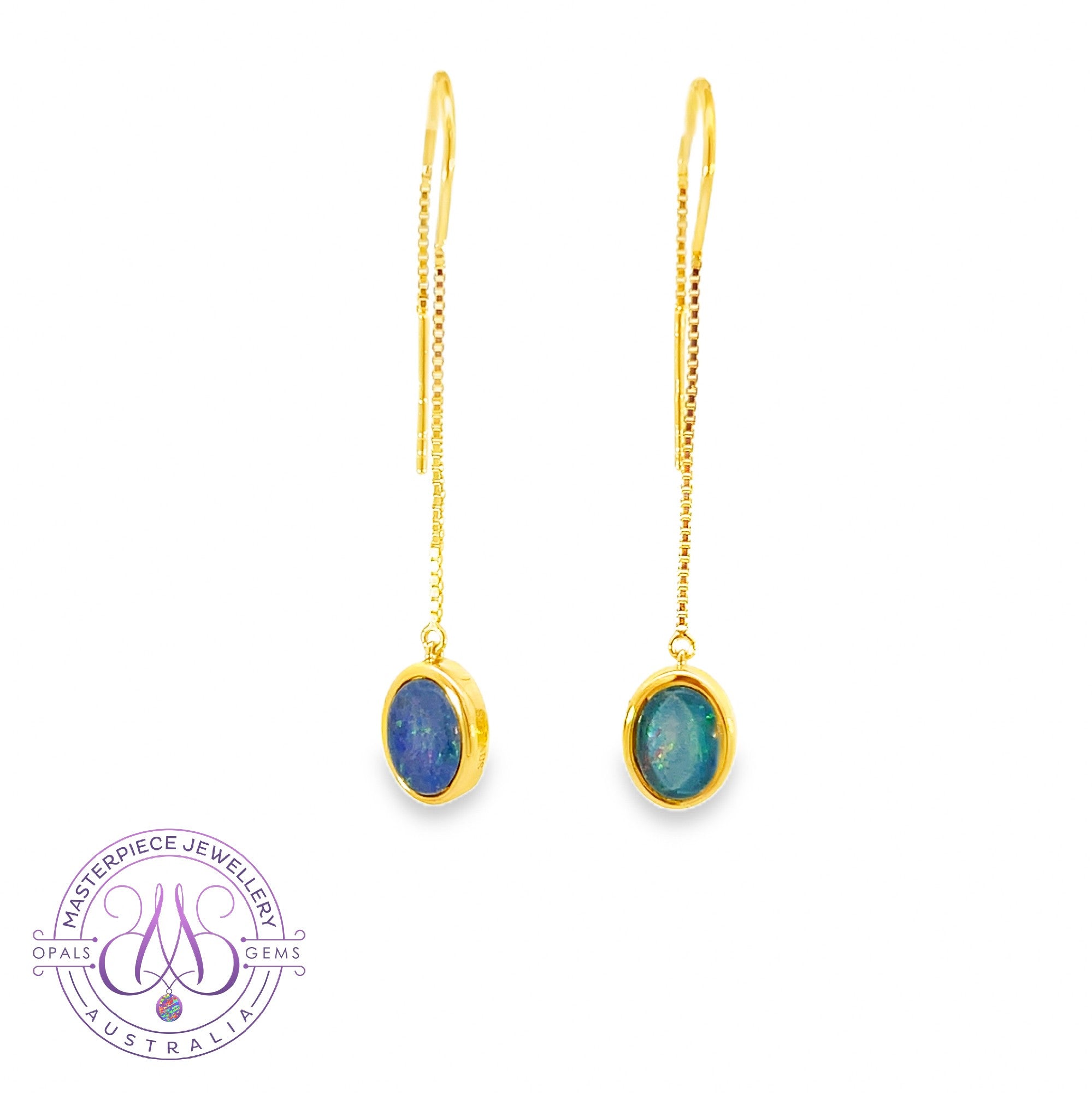 Gold Plated Silver dangling 8x6mm Opal triplet thread style earrings