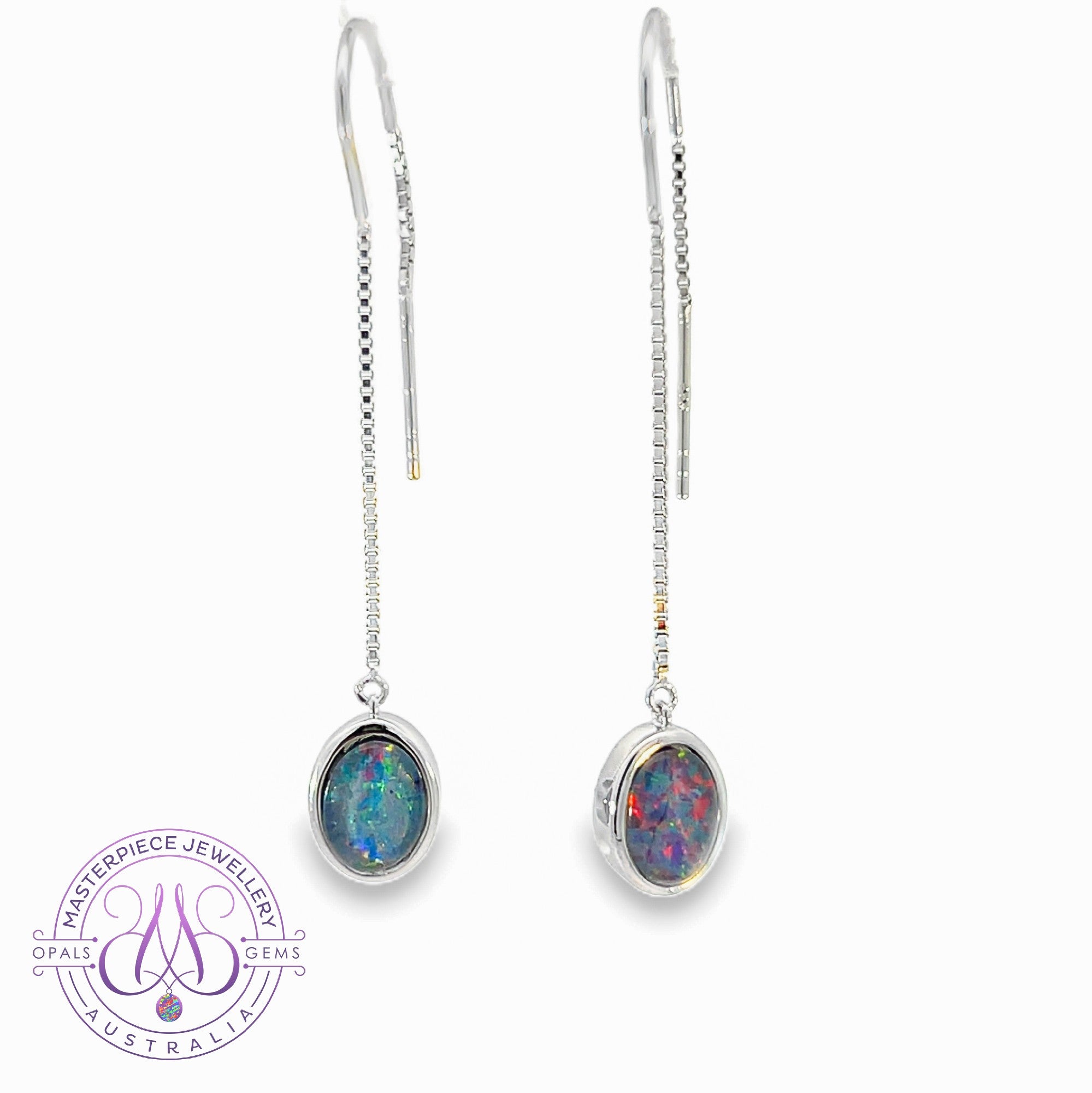 Silver thread through drop style Opal triplet 8x6mm earrings