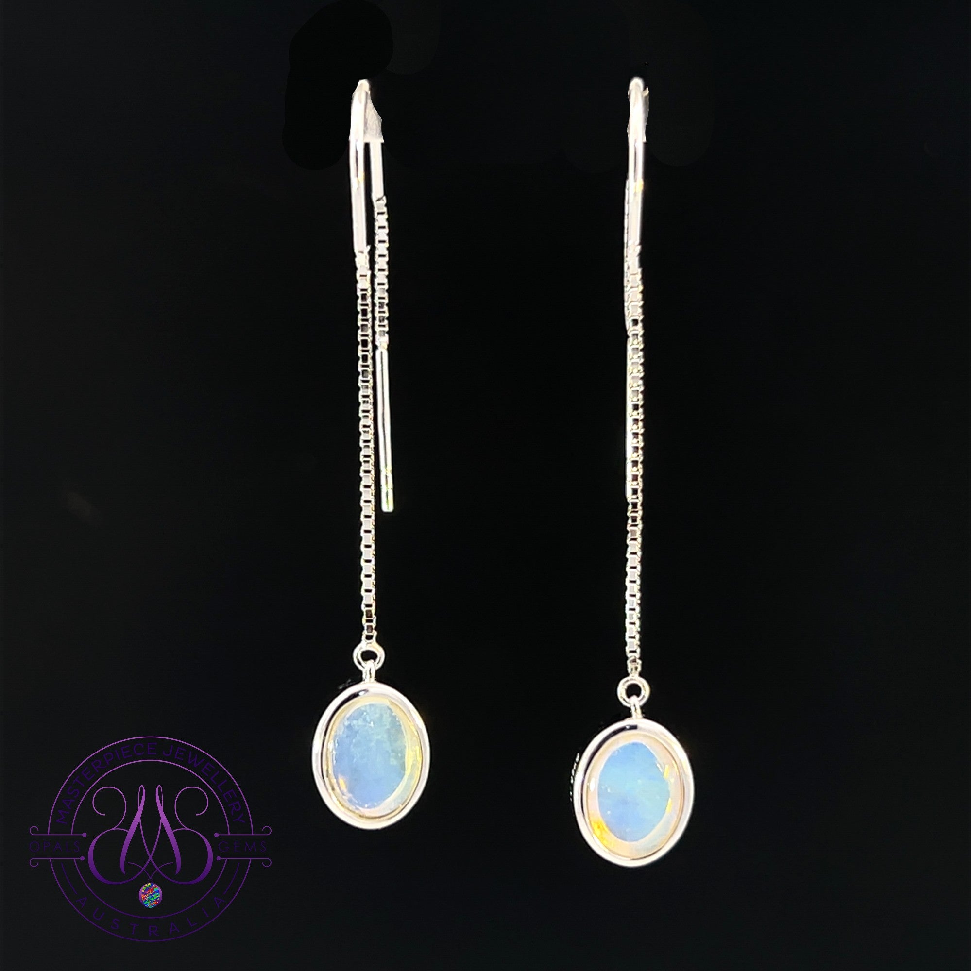 Sterling Silver thread style dangling Light Opal 8x6mm earrings 