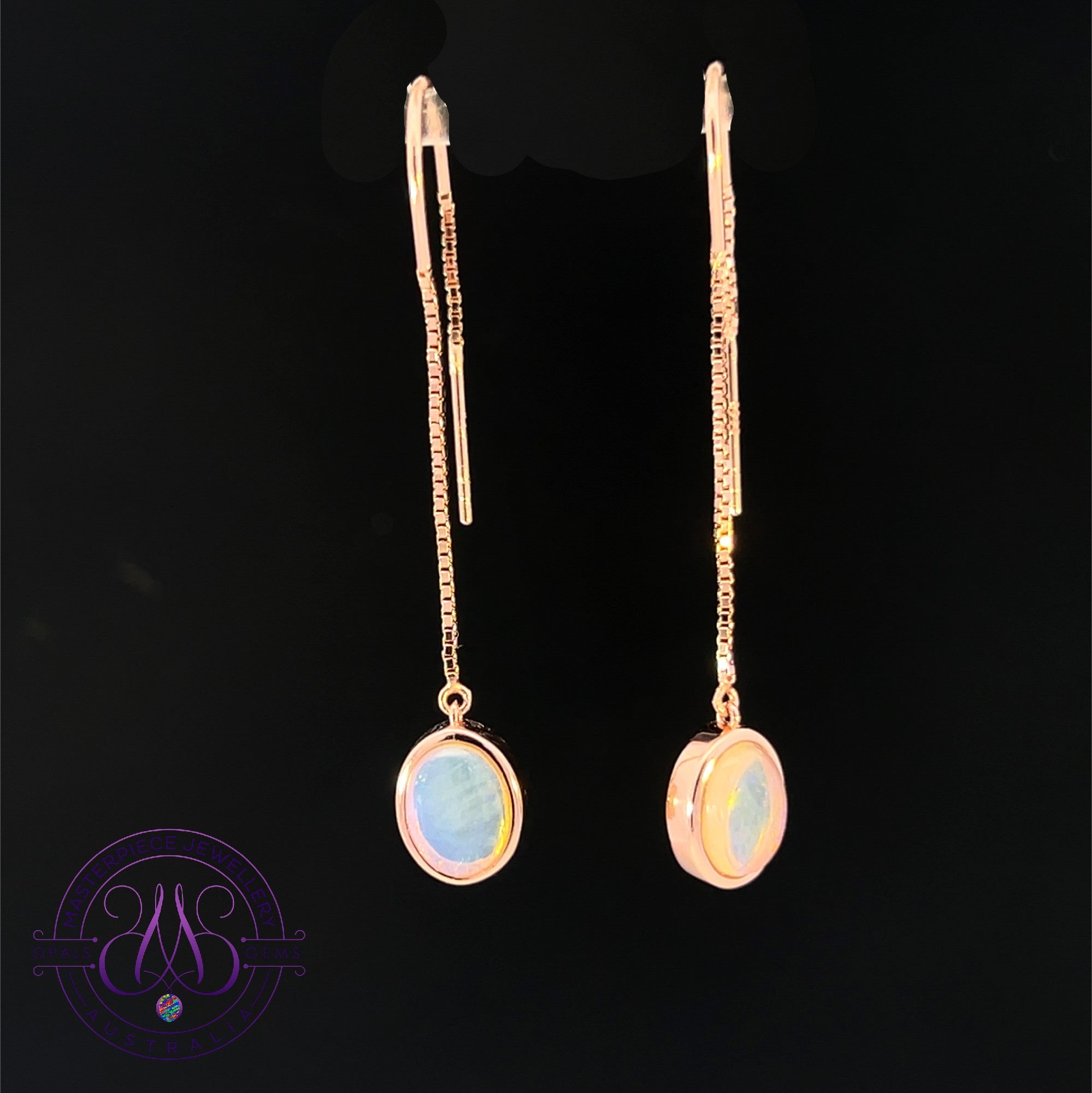 Rose Gold plated silver thread style dangling light Opal earrings 8x6mm 