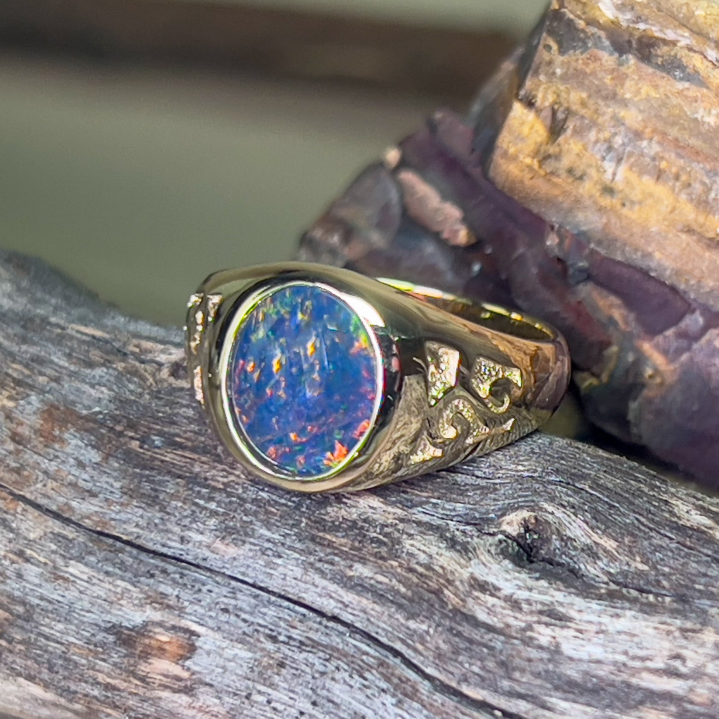 9kt Yellow Gold 12x10mm Opal triplet signet patterned ring - Masterpiece Jewellery Opal & Gems Sydney Australia | Online Shop