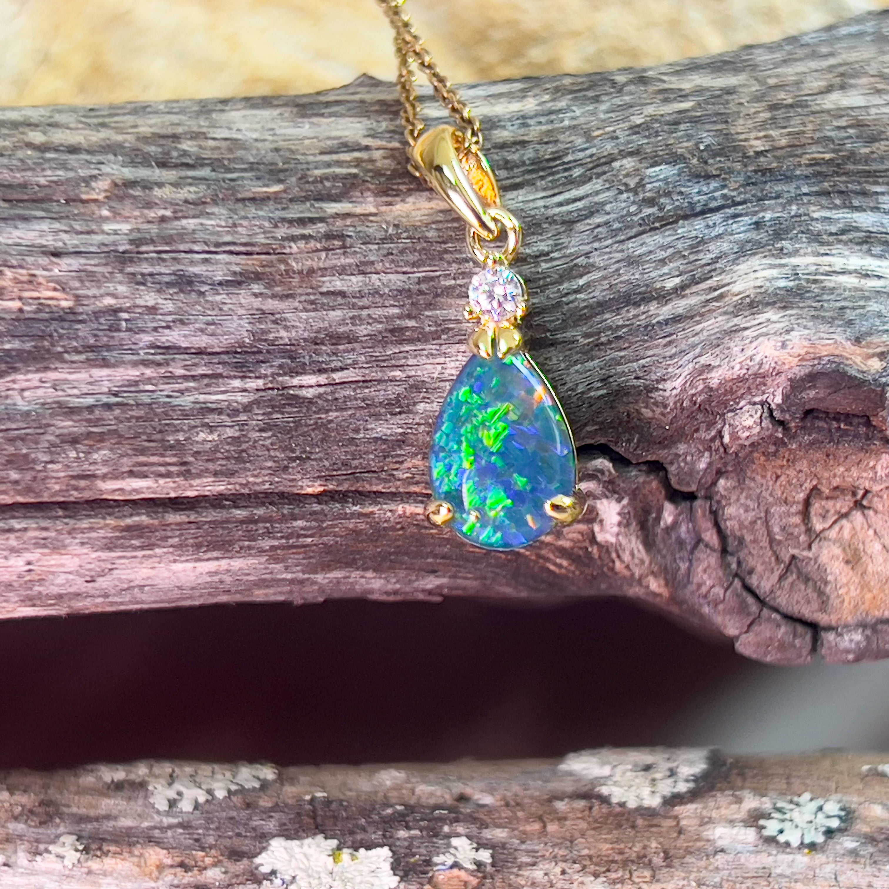 Sterling Silver Gold plated Opal triplet 13x8mm pear shape and cubic zirconia pendant - Masterpiece Jewellery Opal & Gems Sydney Australia | Online Shop