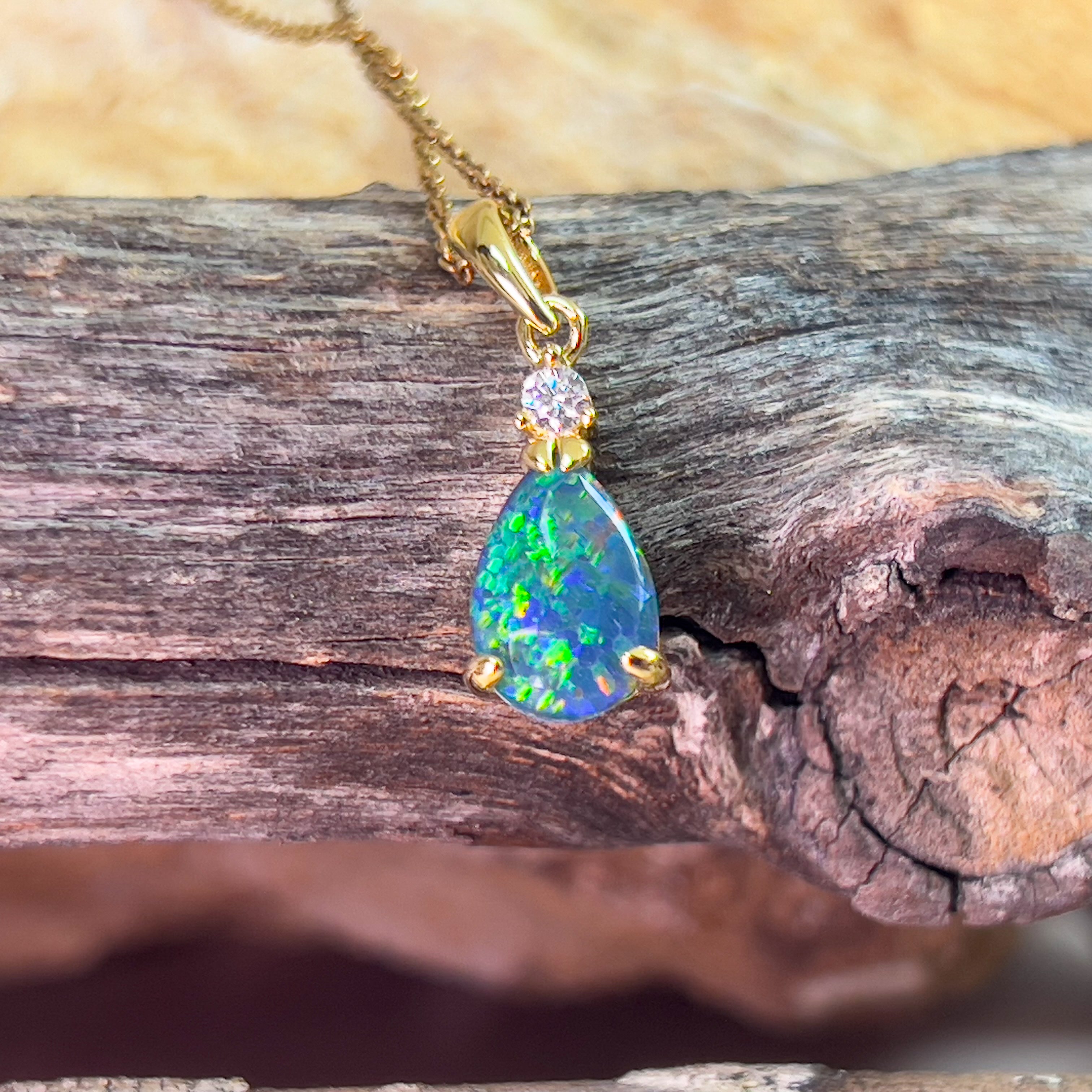 Sterling Silver Gold plated Opal triplet 13x8mm pear shape and cubic zirconia pendant - Masterpiece Jewellery Opal & Gems Sydney Australia | Online Shop