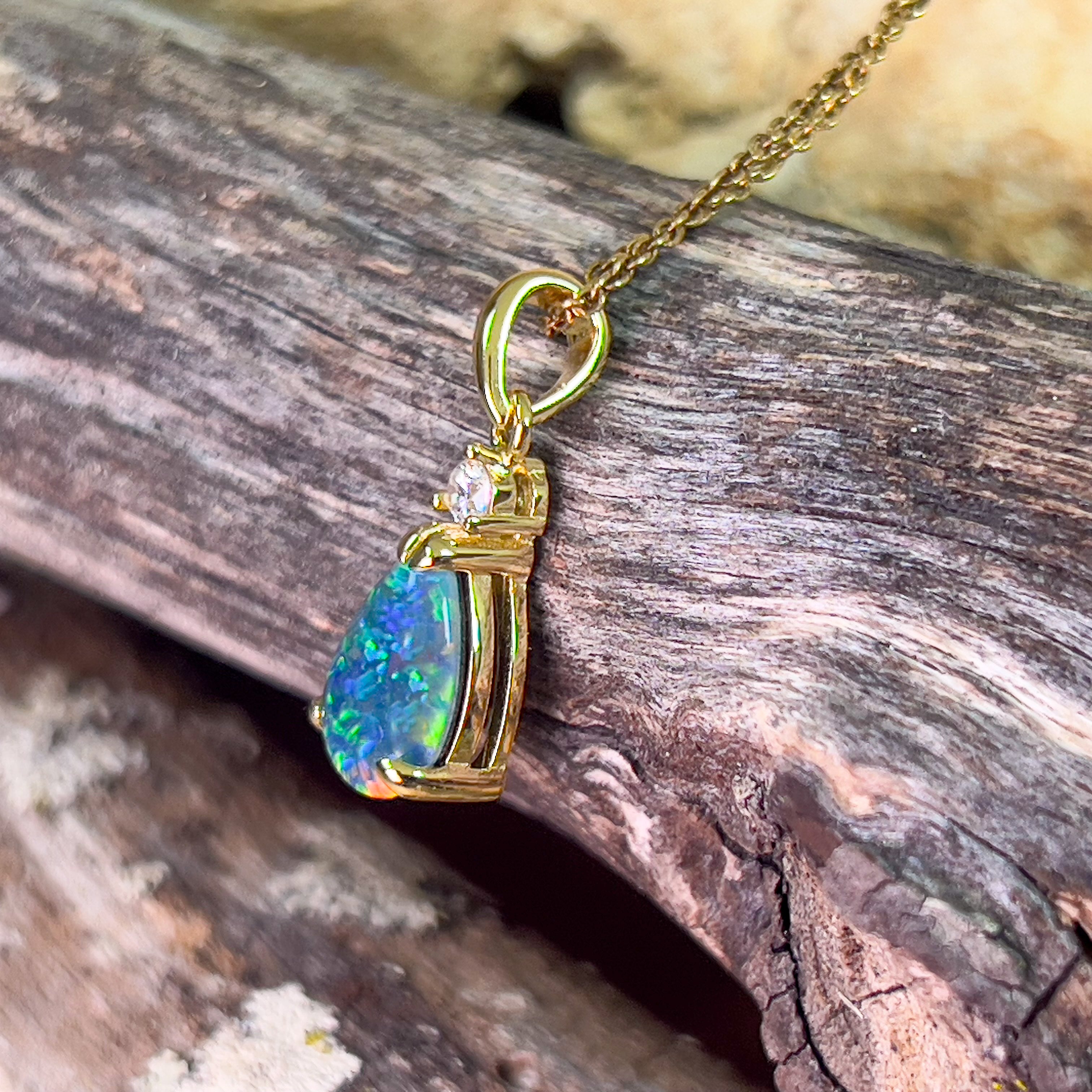 Sterling Silver Gold plated Opal triplet 13x8mm pear shape and cubic zirconia pendant - Masterpiece Jewellery Opal & Gems Sydney Australia | Online Shop