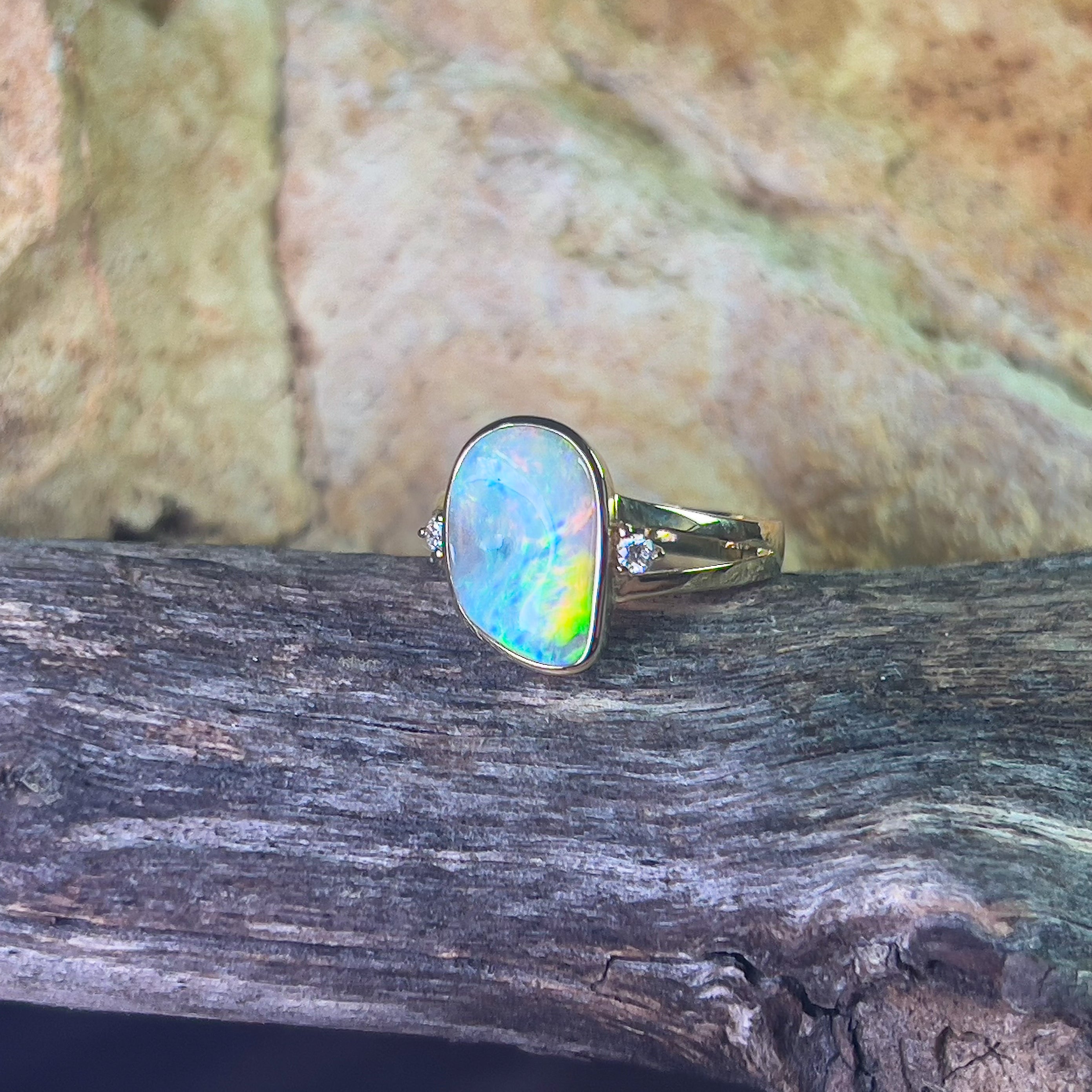 14kt Yellow gold freeform 1.53ct Crystal Opal and diamond ring - Masterpiece Jewellery Opal & Gems Sydney Australia | Online Shop