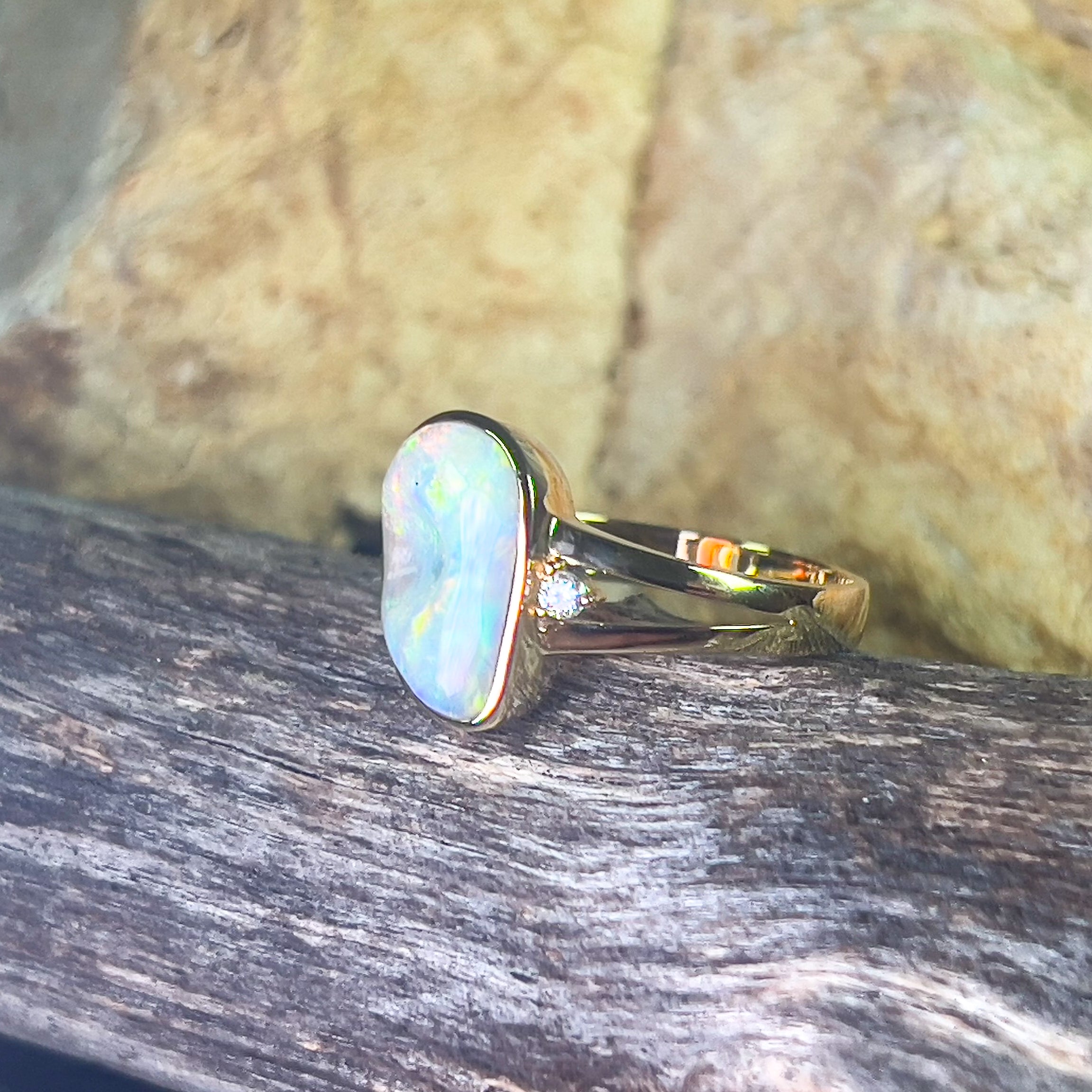 14kt Yellow gold freeform 1.53ct Crystal Opal and diamond ring - Masterpiece Jewellery Opal & Gems Sydney Australia | Online Shop
