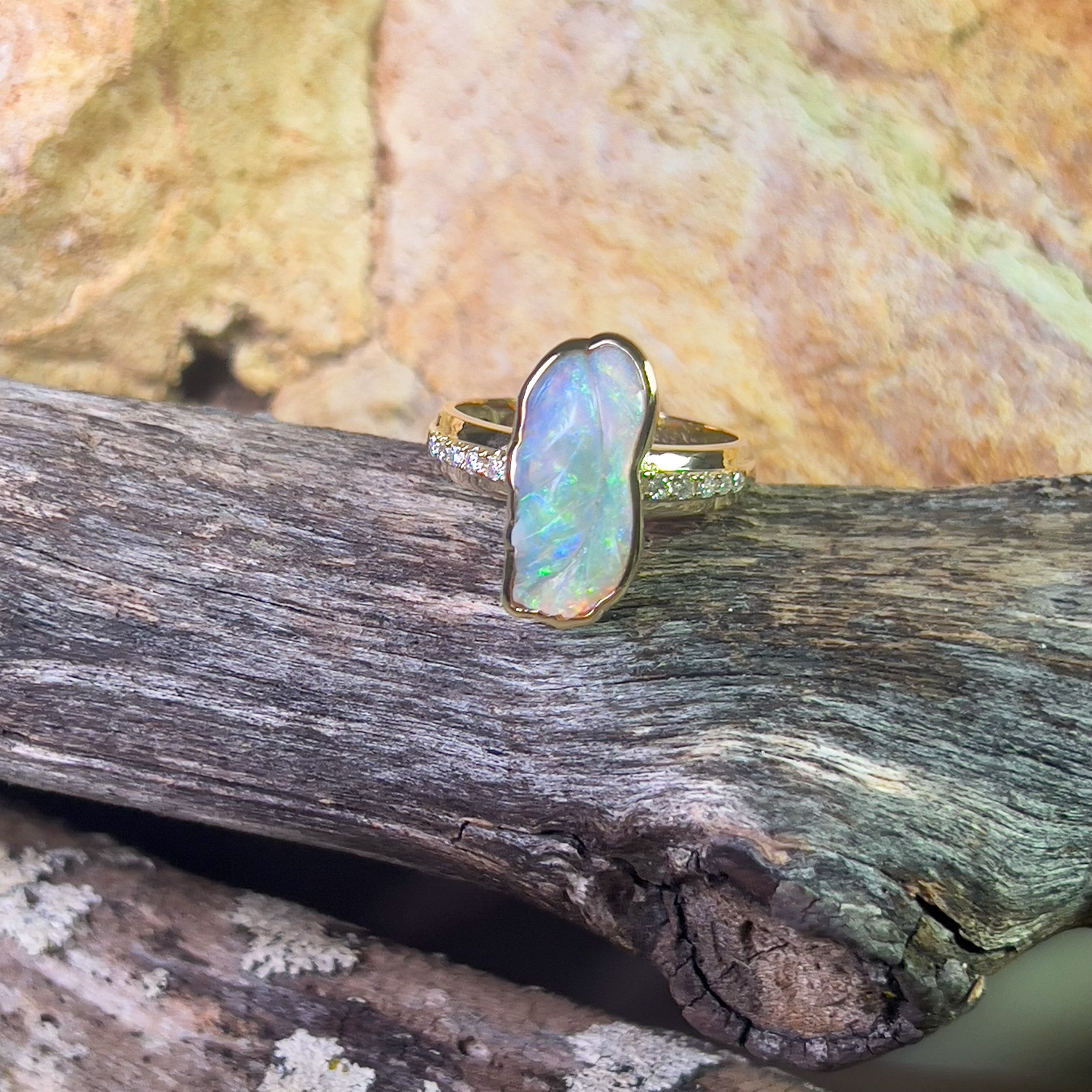 14kt Yellow Gold carved Opal 1.44ct and diamond ring - Masterpiece Jewellery Opal & Gems Sydney Australia | Online Shop