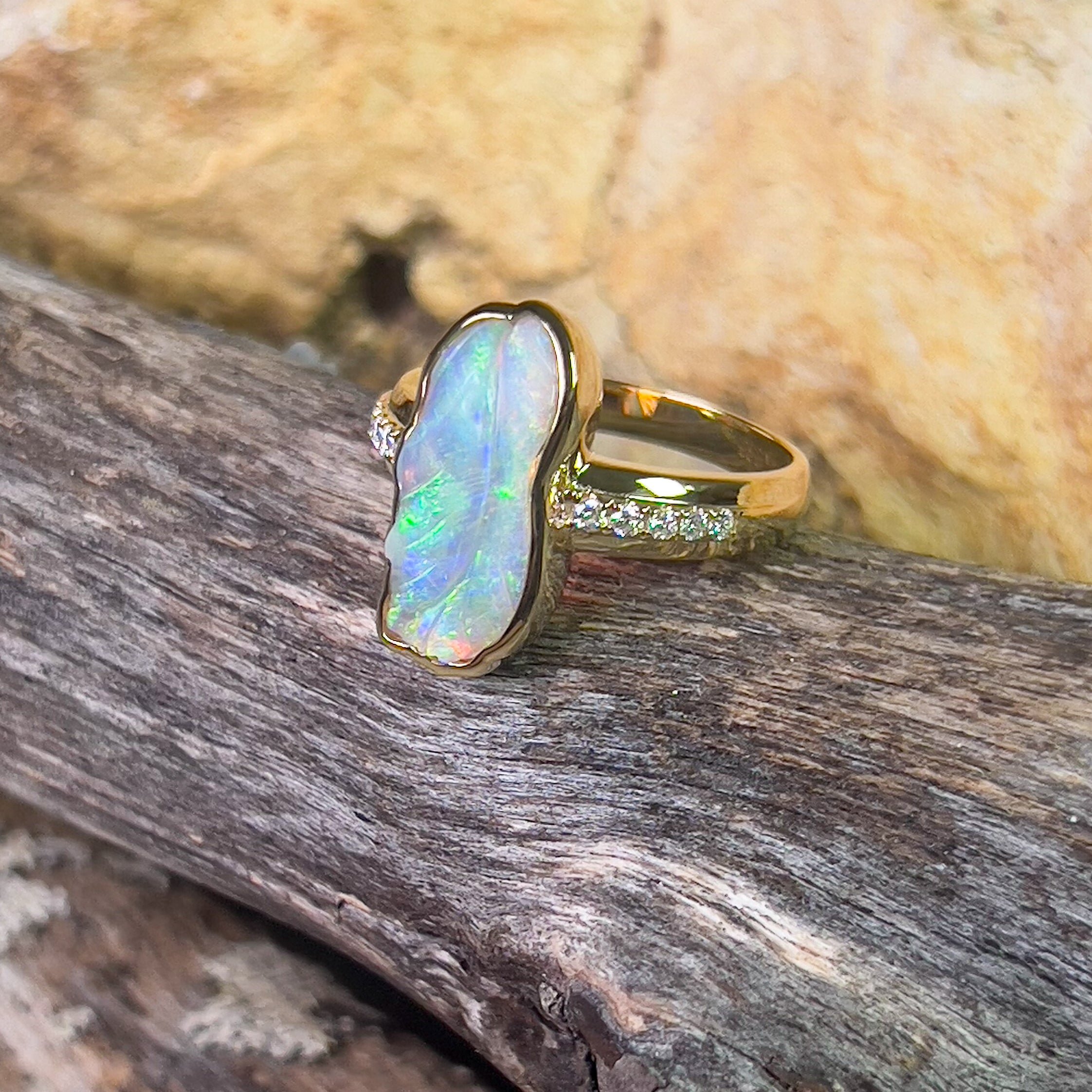 14kt Yellow Gold carved Opal 1.44ct and diamond ring - Masterpiece Jewellery Opal & Gems Sydney Australia | Online Shop