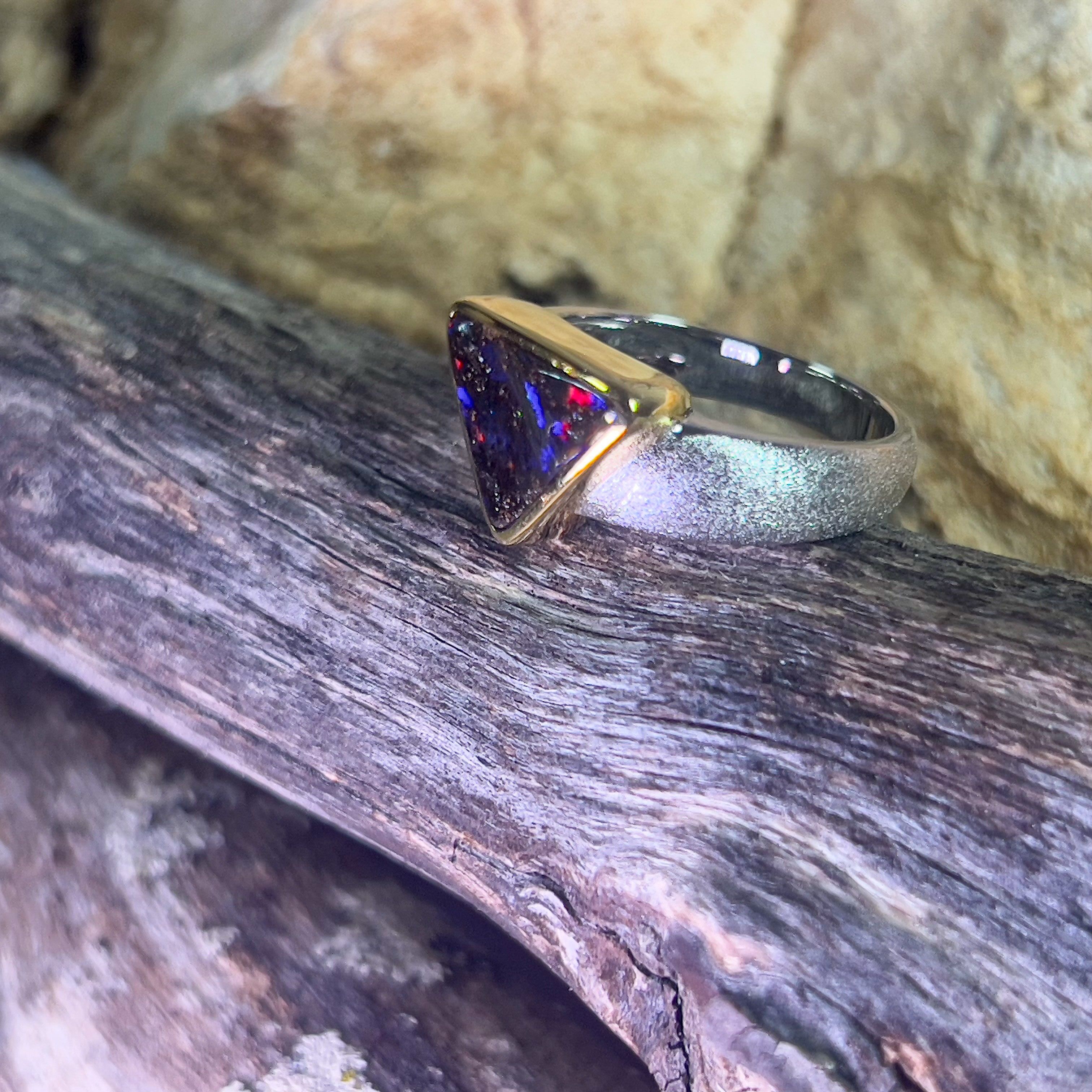 Sterling Silver matte and gold plated Boulder Opal 2.8ct ring - Masterpiece Jewellery Opal & Gems Sydney Australia | Online Shop