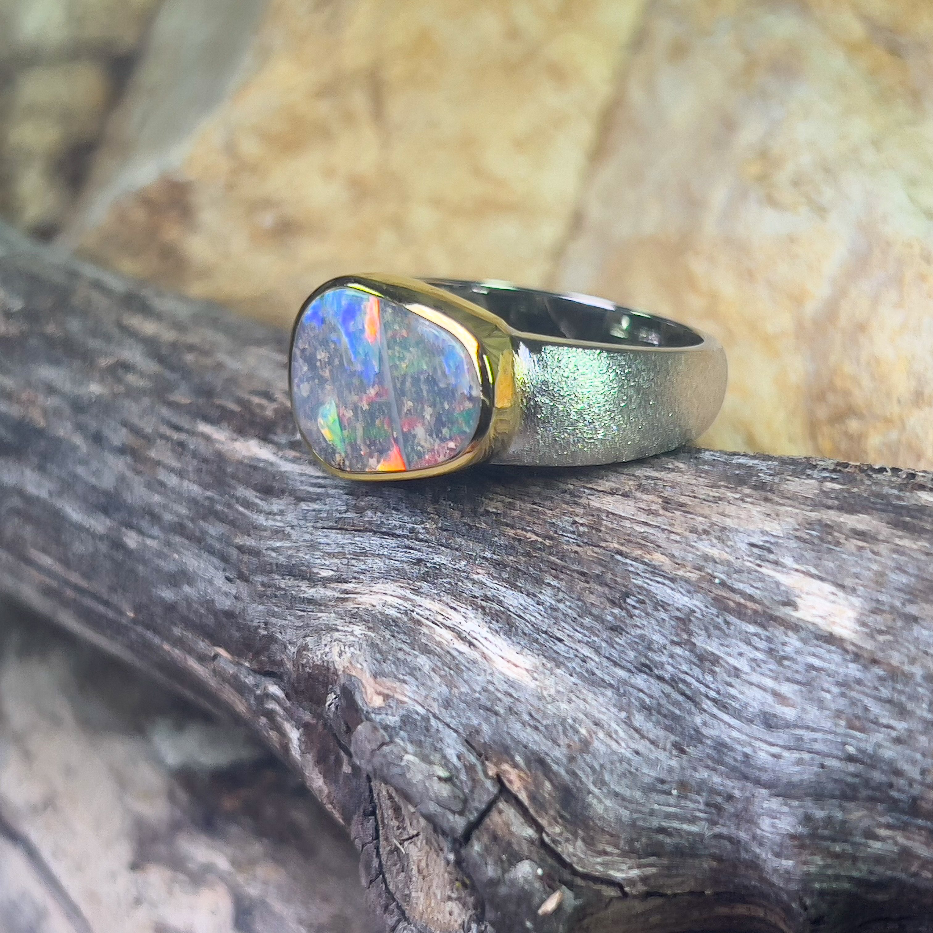 Silver matte Gold plate Boulder Opal ring 4.93ct - Masterpiece Jewellery Opal & Gems Sydney Australia | Online Shop