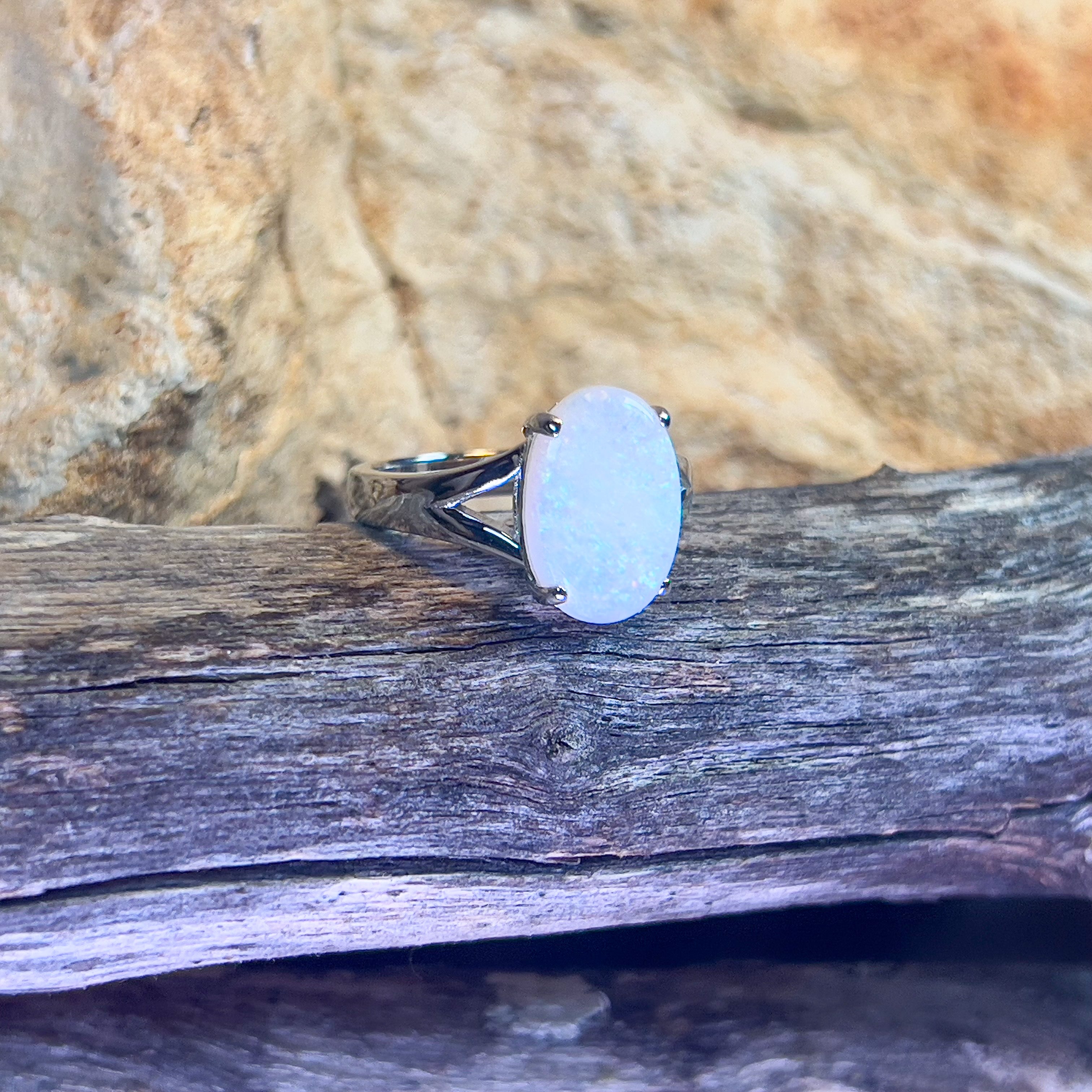 Sterling Silver split shank White Opal 2.25ct ring claw set - Masterpiece Jewellery Opal & Gems Sydney Australia | Online Shop
