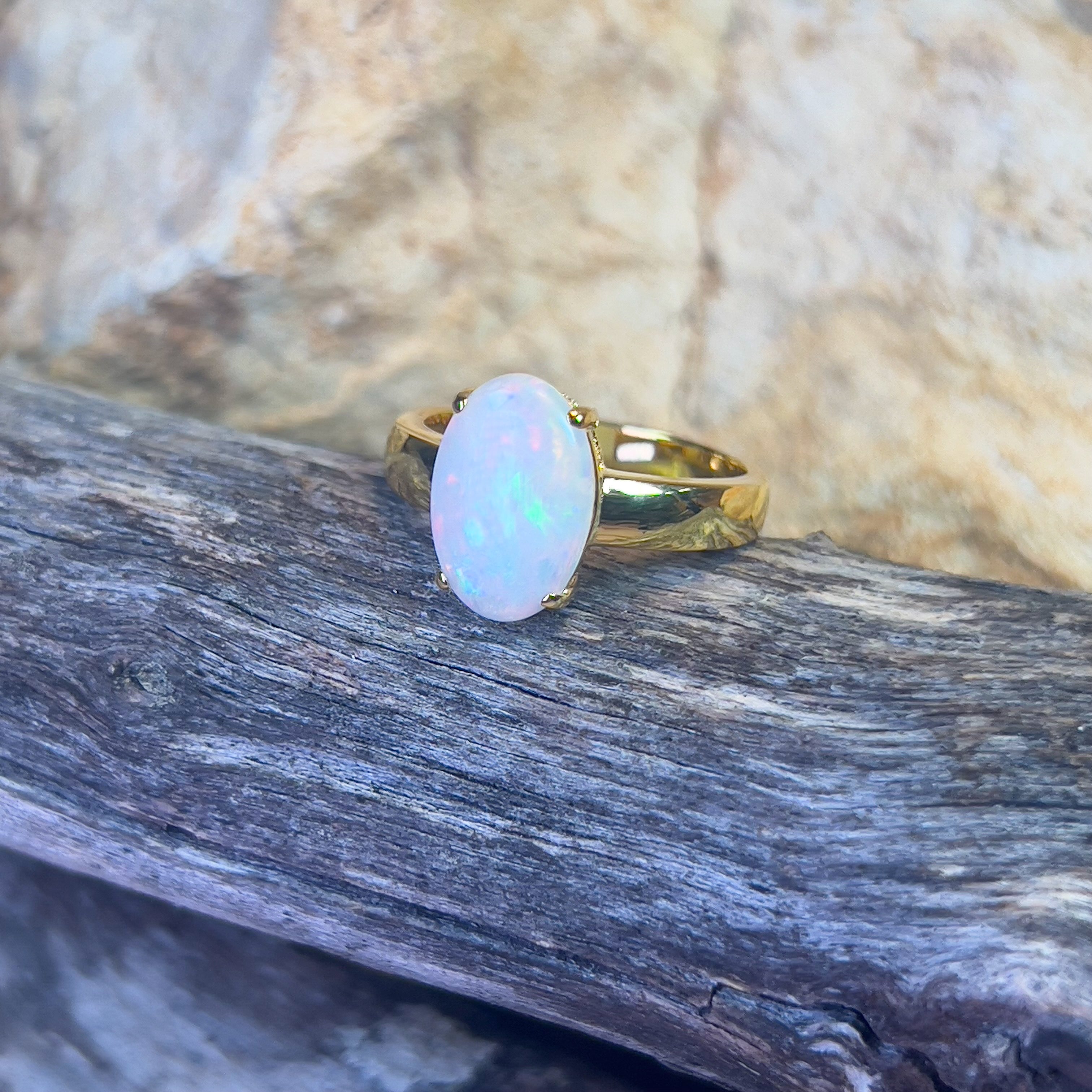 Gold Plated Sterling Silver solitaire White Opal ring 1.1ct - Masterpiece Jewellery Opal & Gems Sydney Australia | Online Shop