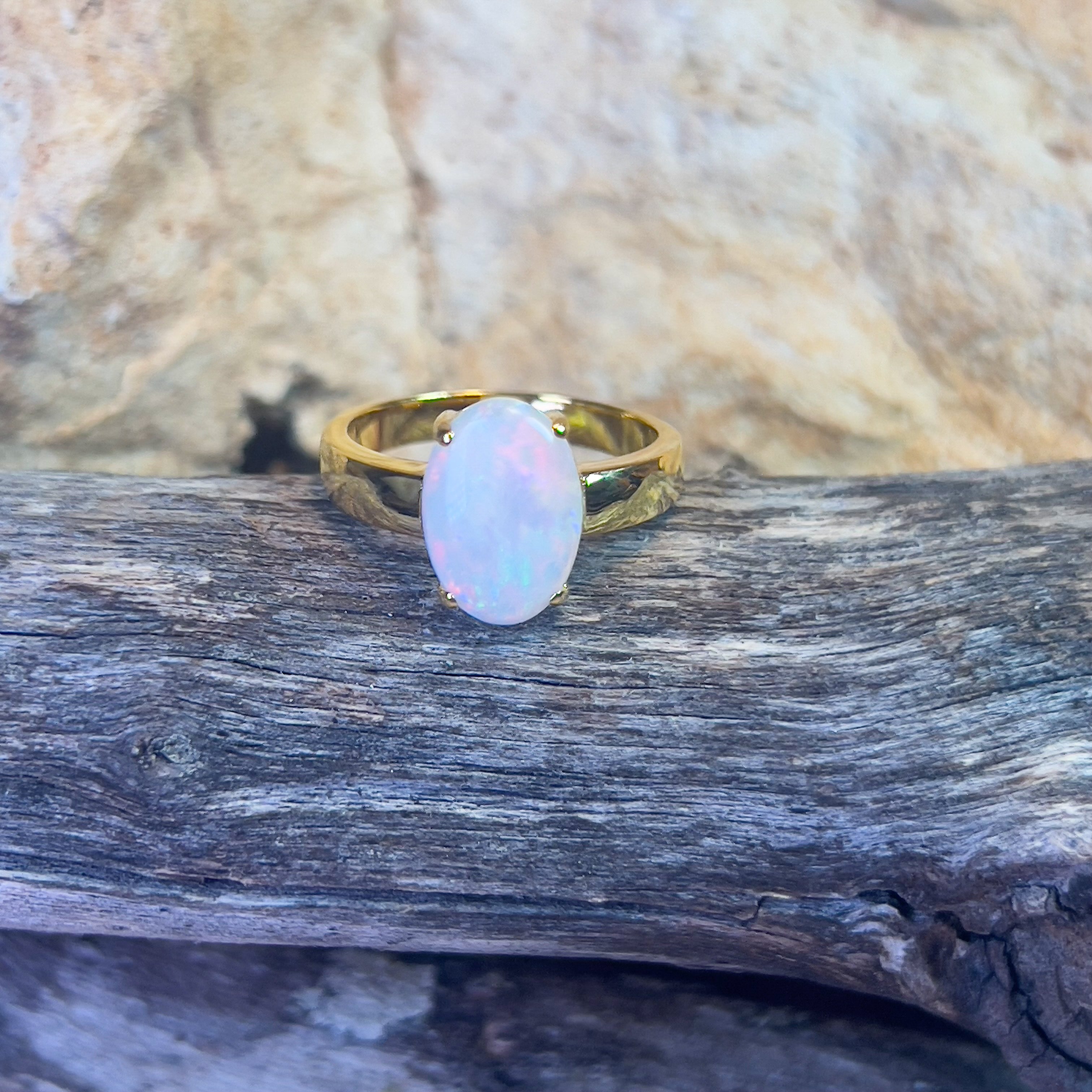 Gold Plated Sterling Silver solitaire White Opal ring 1.1ct - Masterpiece Jewellery Opal & Gems Sydney Australia | Online Shop
