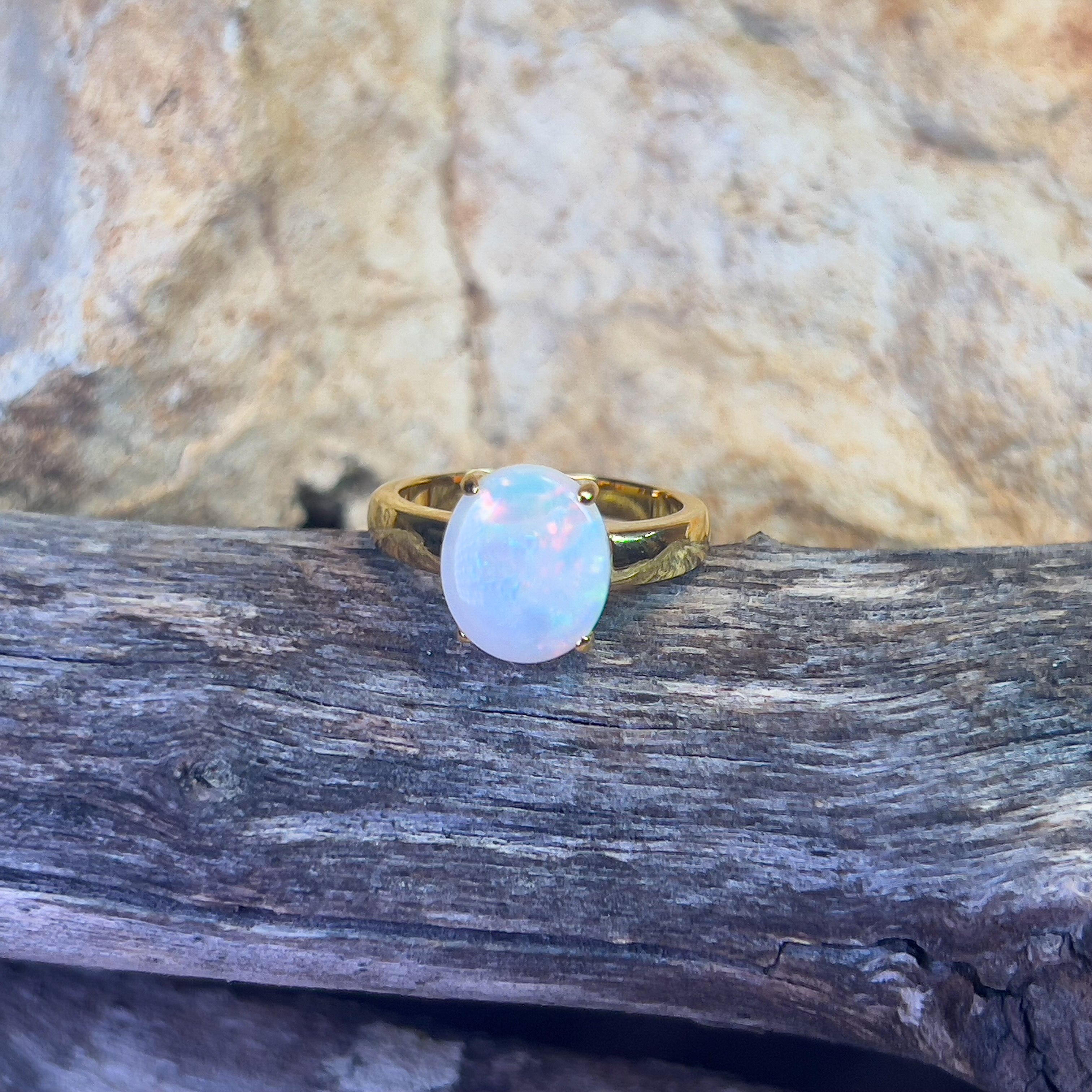 Gold plated Sterling Silver 1.8ct White Opal solitaire ring - Masterpiece Jewellery Opal & Gems Sydney Australia | Online Shop