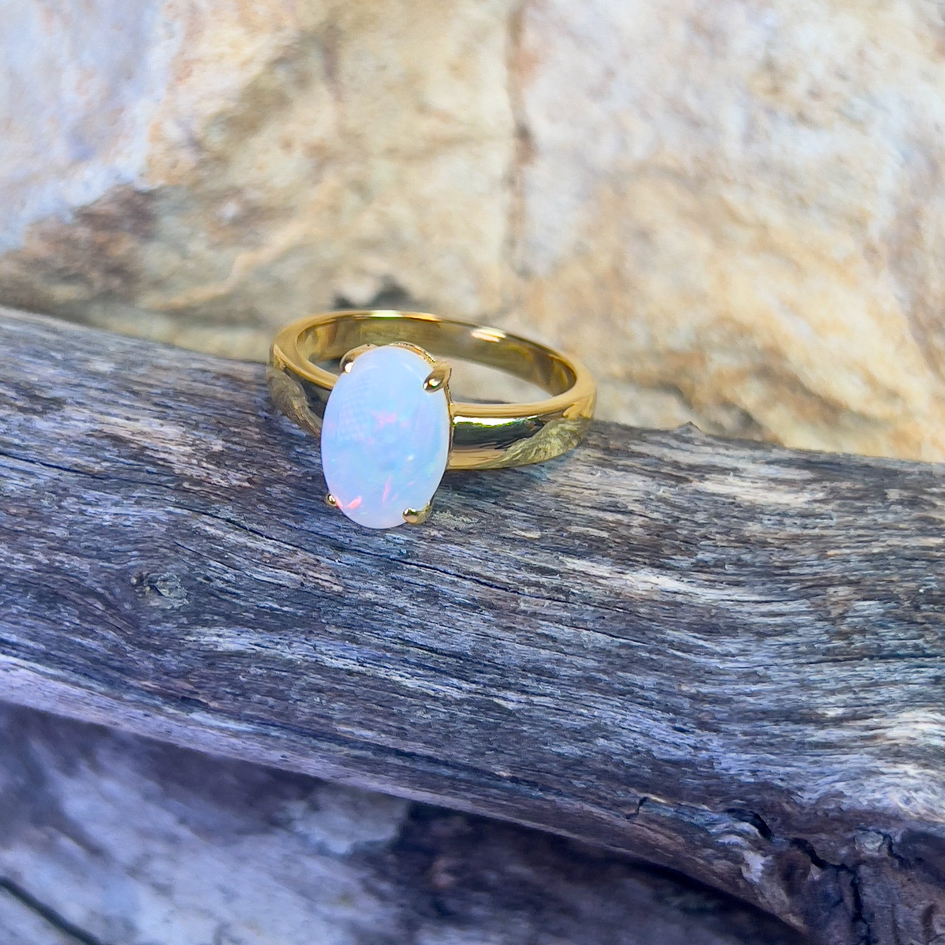 Gold plated sterling silver solitaire White Opal 1.5ct ring - Masterpiece Jewellery Opal & Gems Sydney Australia | Online Shop