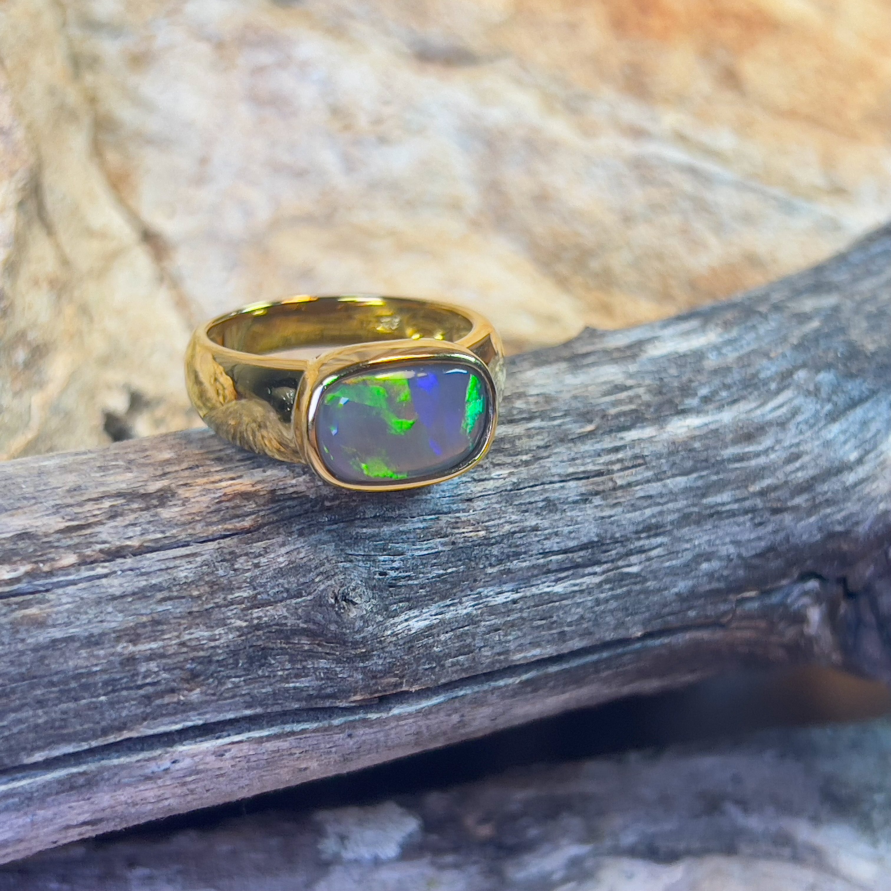 Gold plated Sterling Silver rectangular Black Opal 2.4ct ring - Masterpiece Jewellery Opal & Gems Sydney Australia | Online Shop