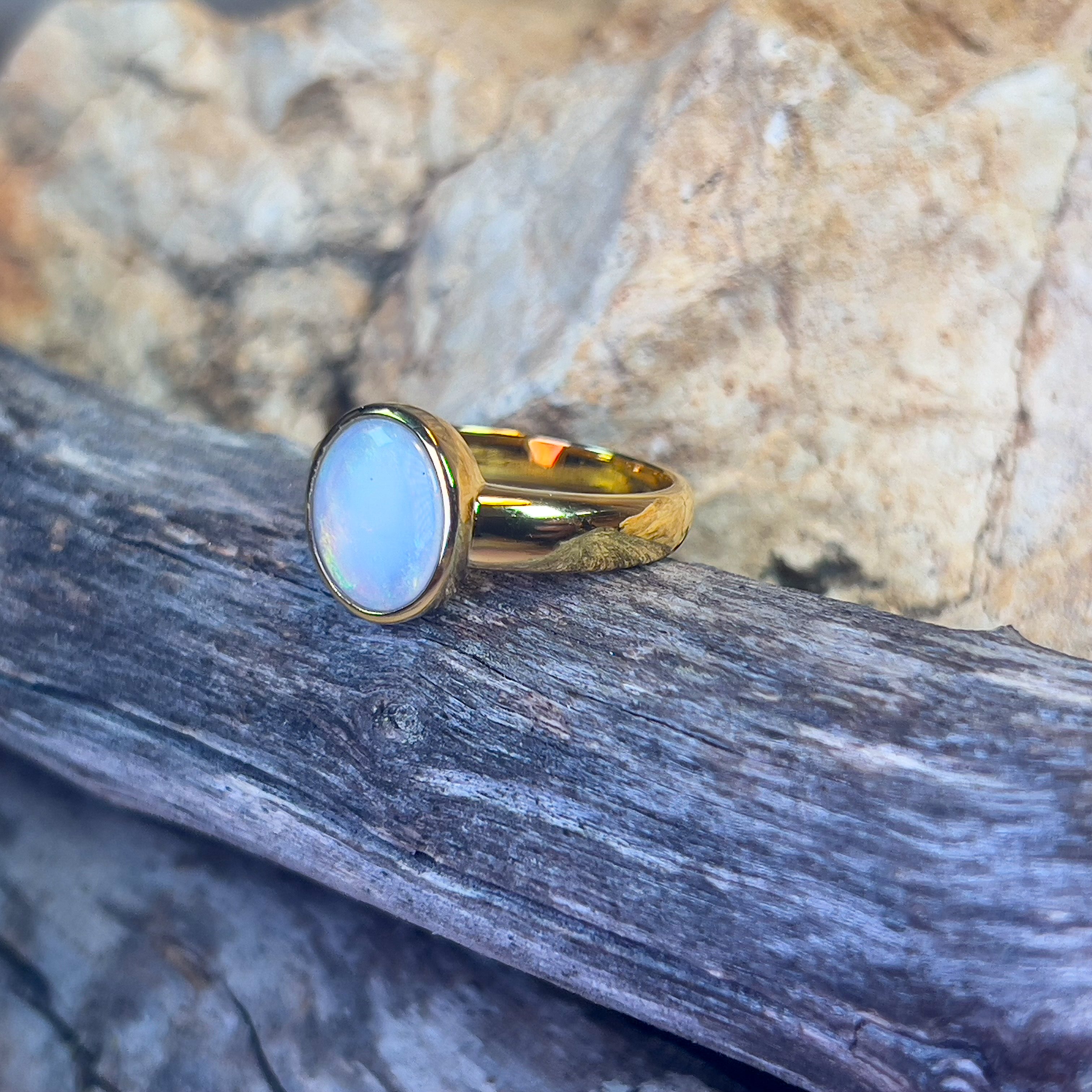 Gold plated sterling silver Light Opal 1.4ct Oval bezel set ring - Masterpiece Jewellery Opal & Gems Sydney Australia | Online Shop