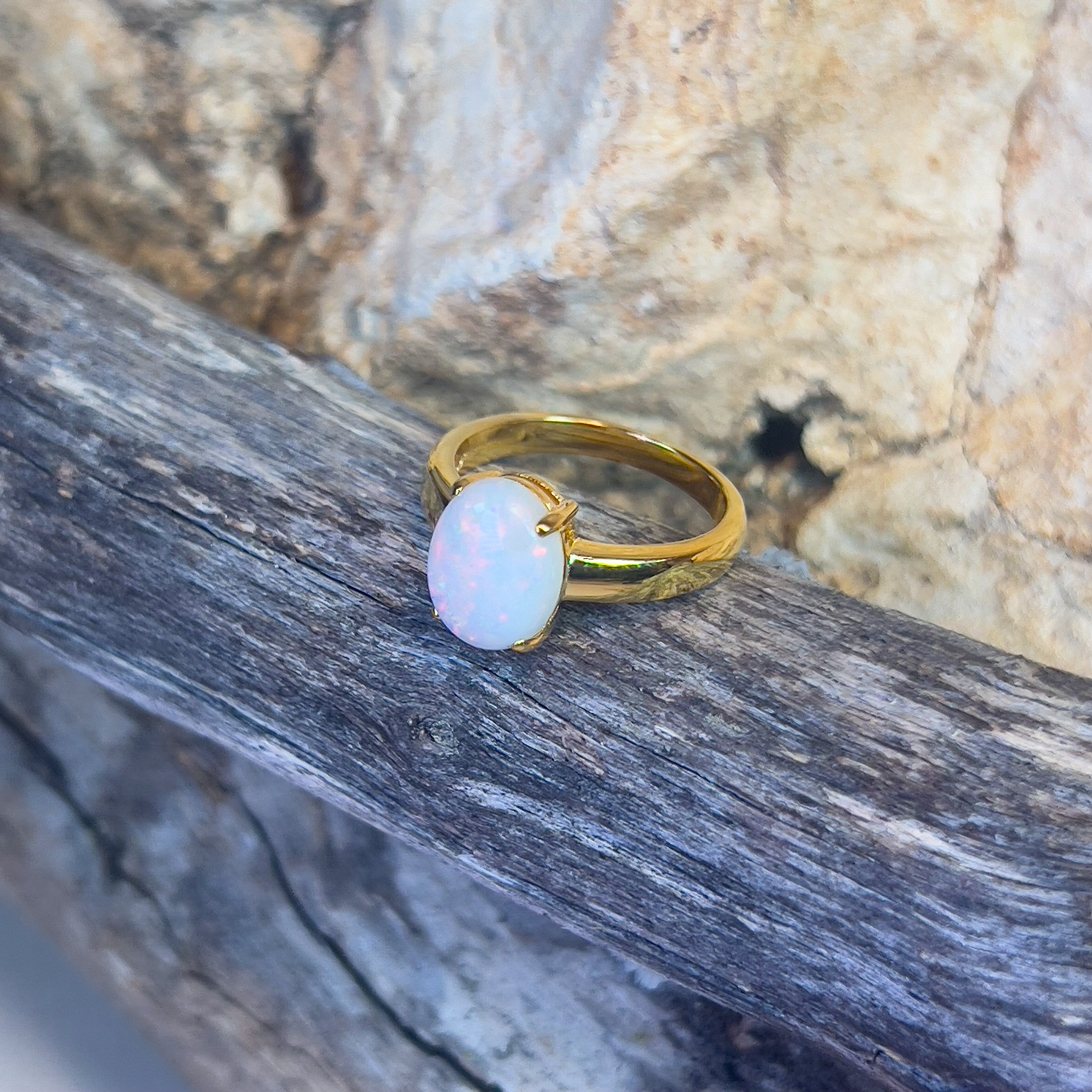Gold Plated Sterling Silver solitaire ring White Opal 1.8ct - Masterpiece Jewellery Opal & Gems Sydney Australia | Online Shop