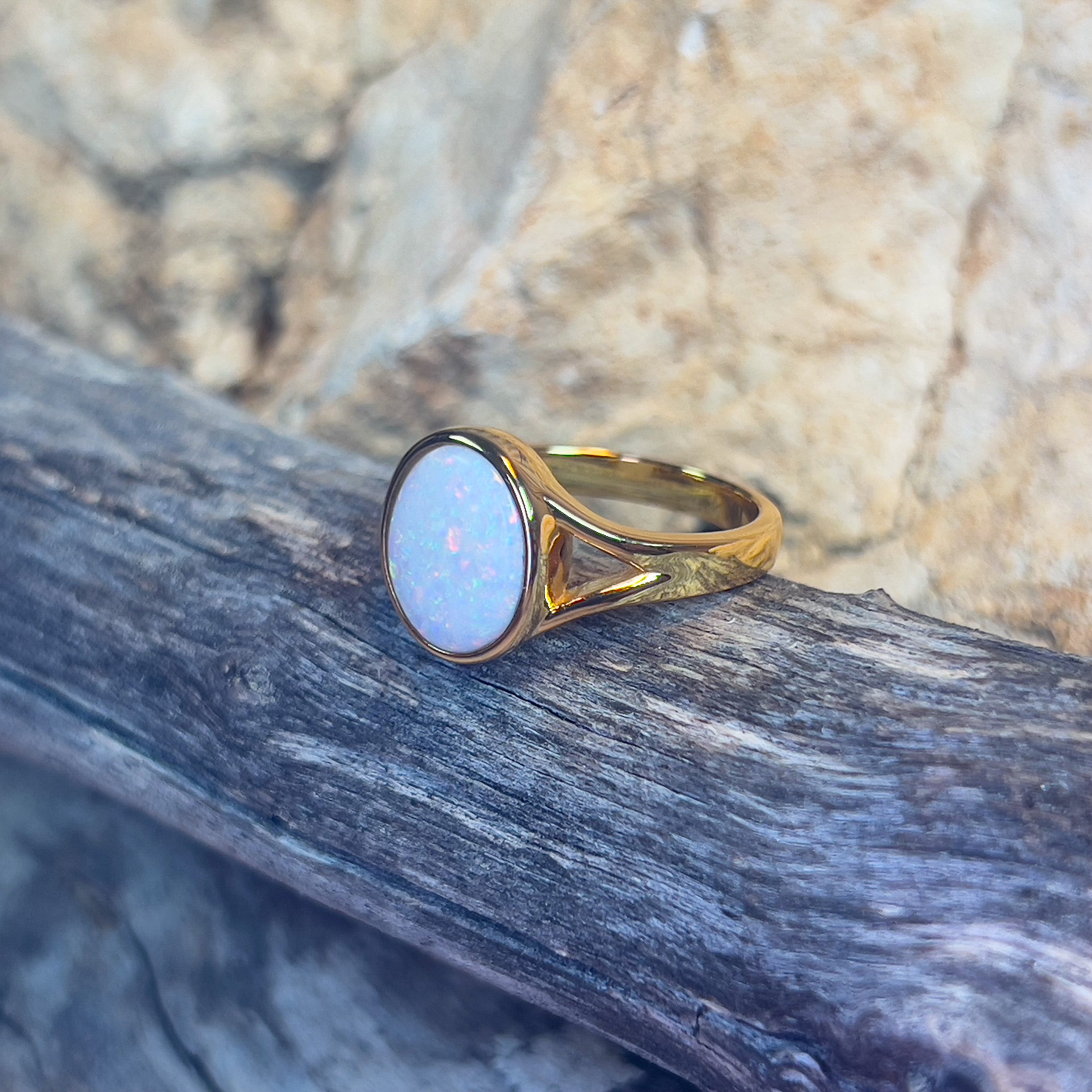 Gold plated Sterling Silver bezel set 1.35ct White Opal ring split shank - Masterpiece Jewellery Opal & Gems Sydney Australia | Online Shop