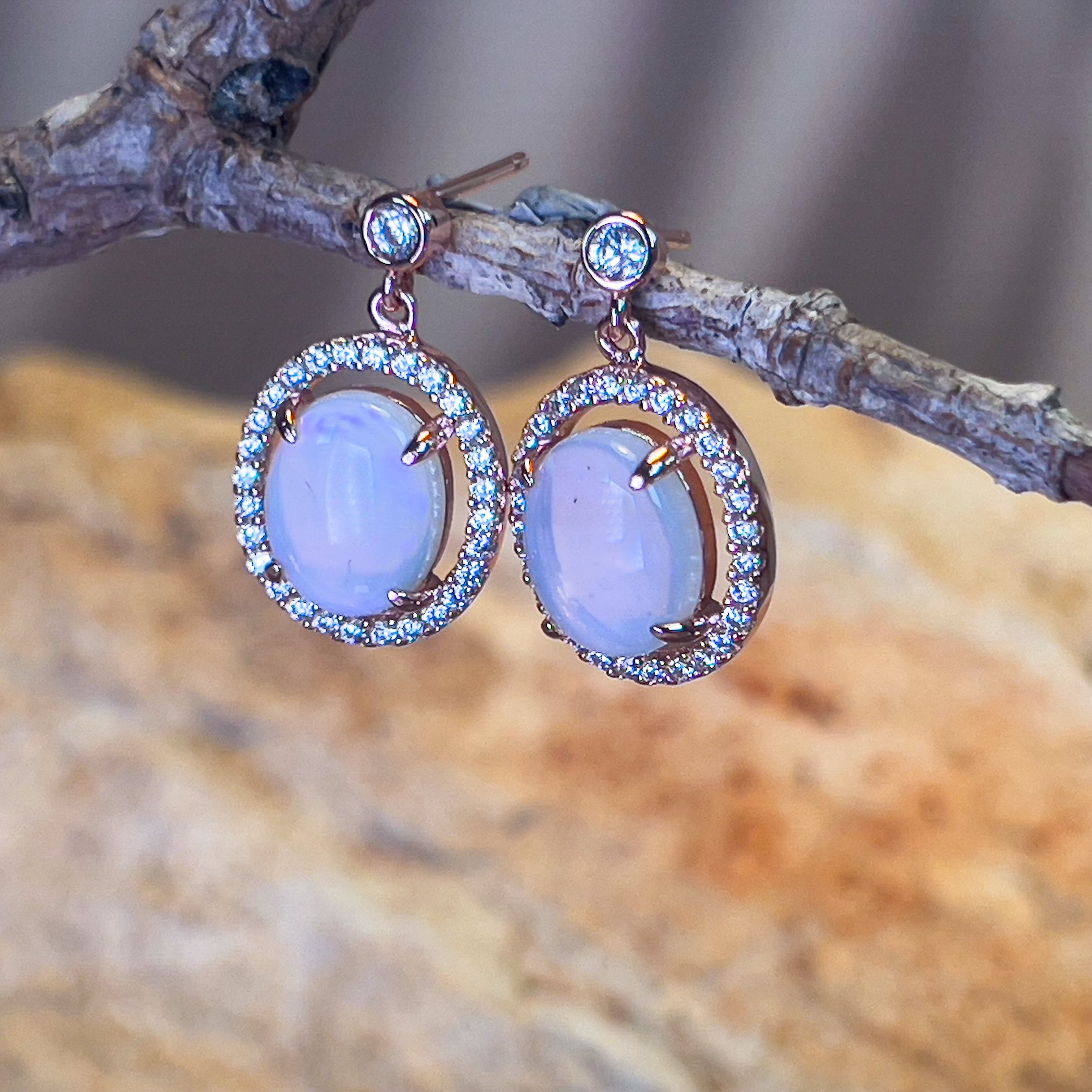 Rose Gold plated Sterling Silver dangling halo earrings 10x8mm White opals - Masterpiece Jewellery Opal & Gems Sydney Australia | Online Shop