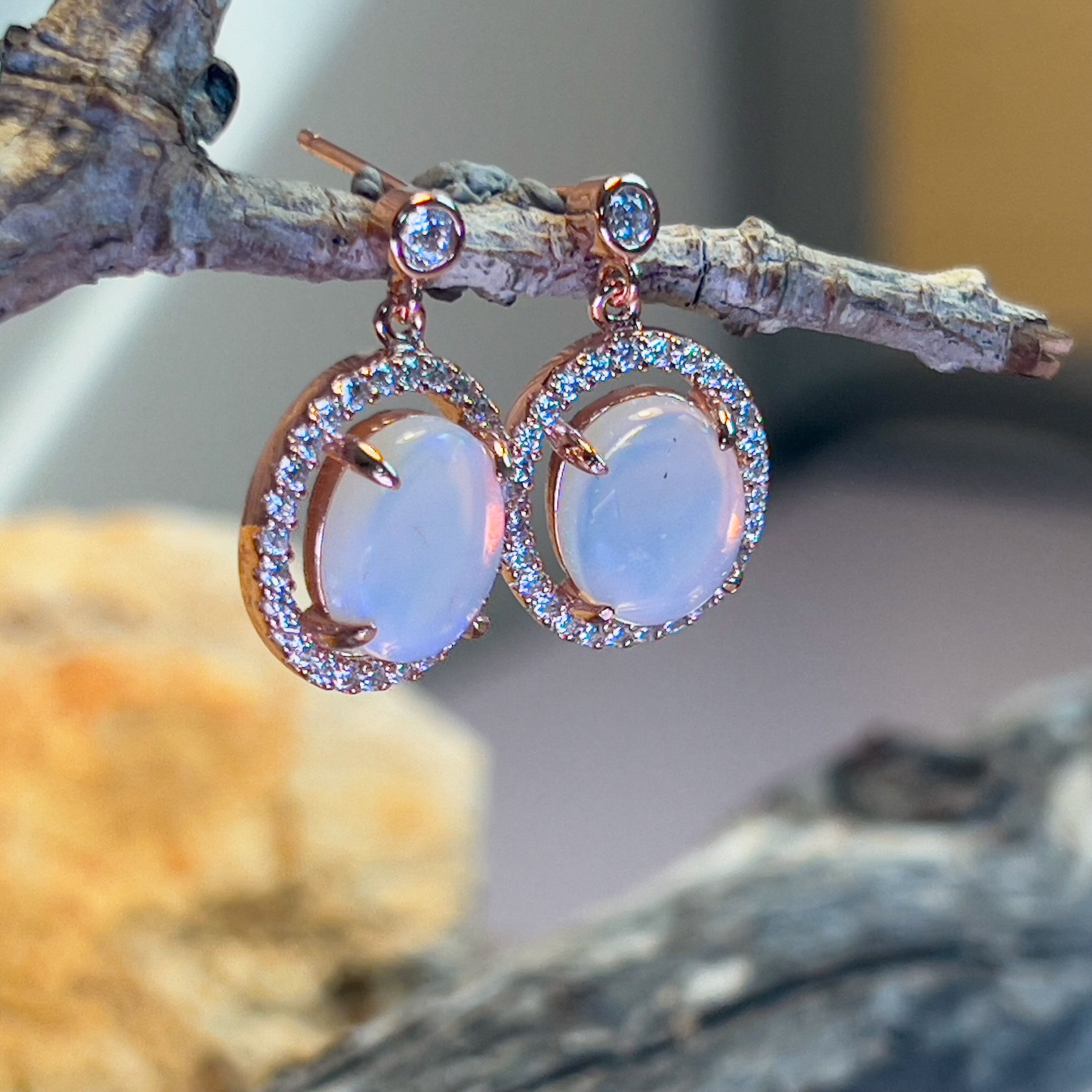 Rose Gold plated Sterling Silver dangling halo earrings 10x8mm White opals - Masterpiece Jewellery Opal & Gems Sydney Australia | Online Shop
