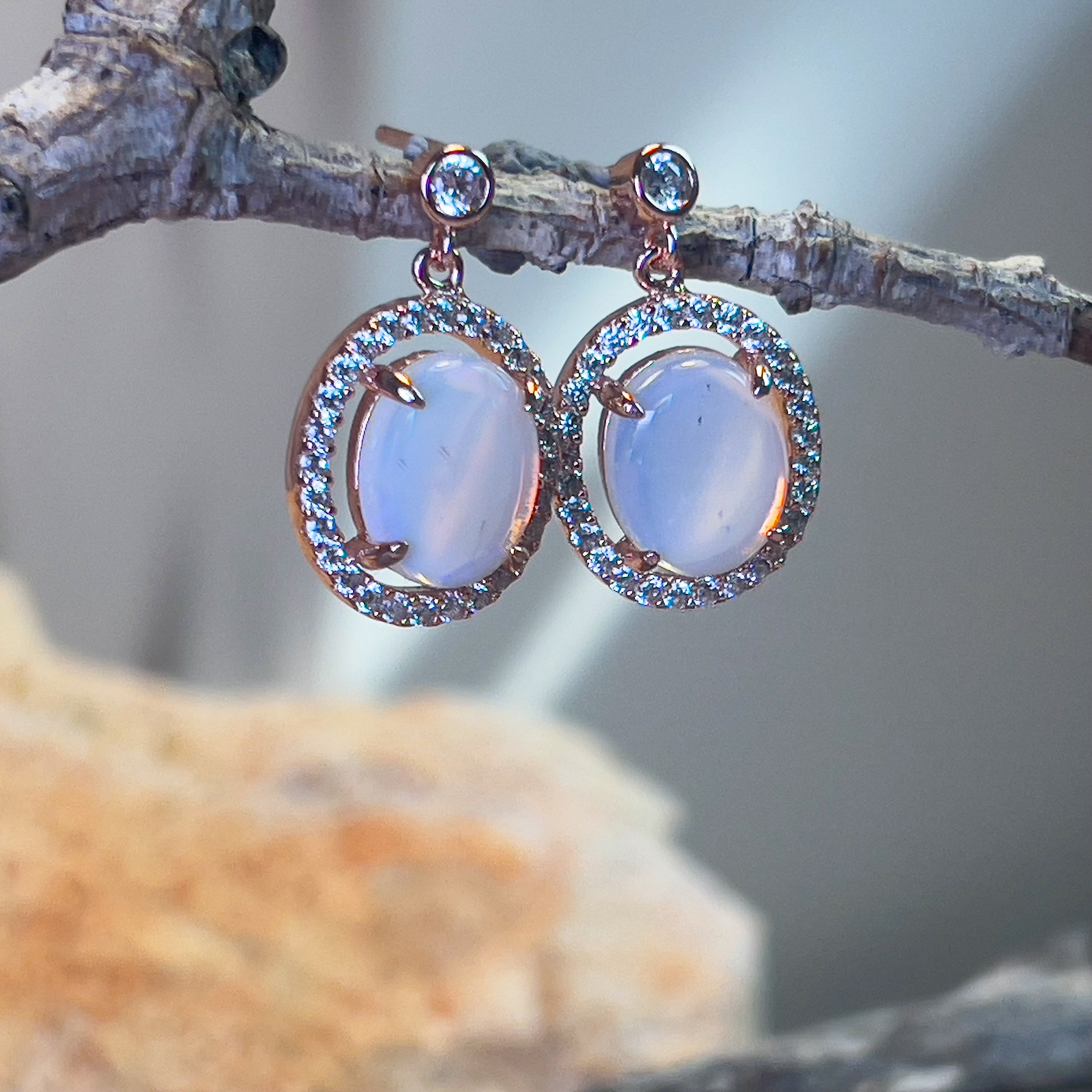 Rose Gold plated Sterling Silver dangling halo earrings 10x8mm White opals - Masterpiece Jewellery Opal & Gems Sydney Australia | Online Shop