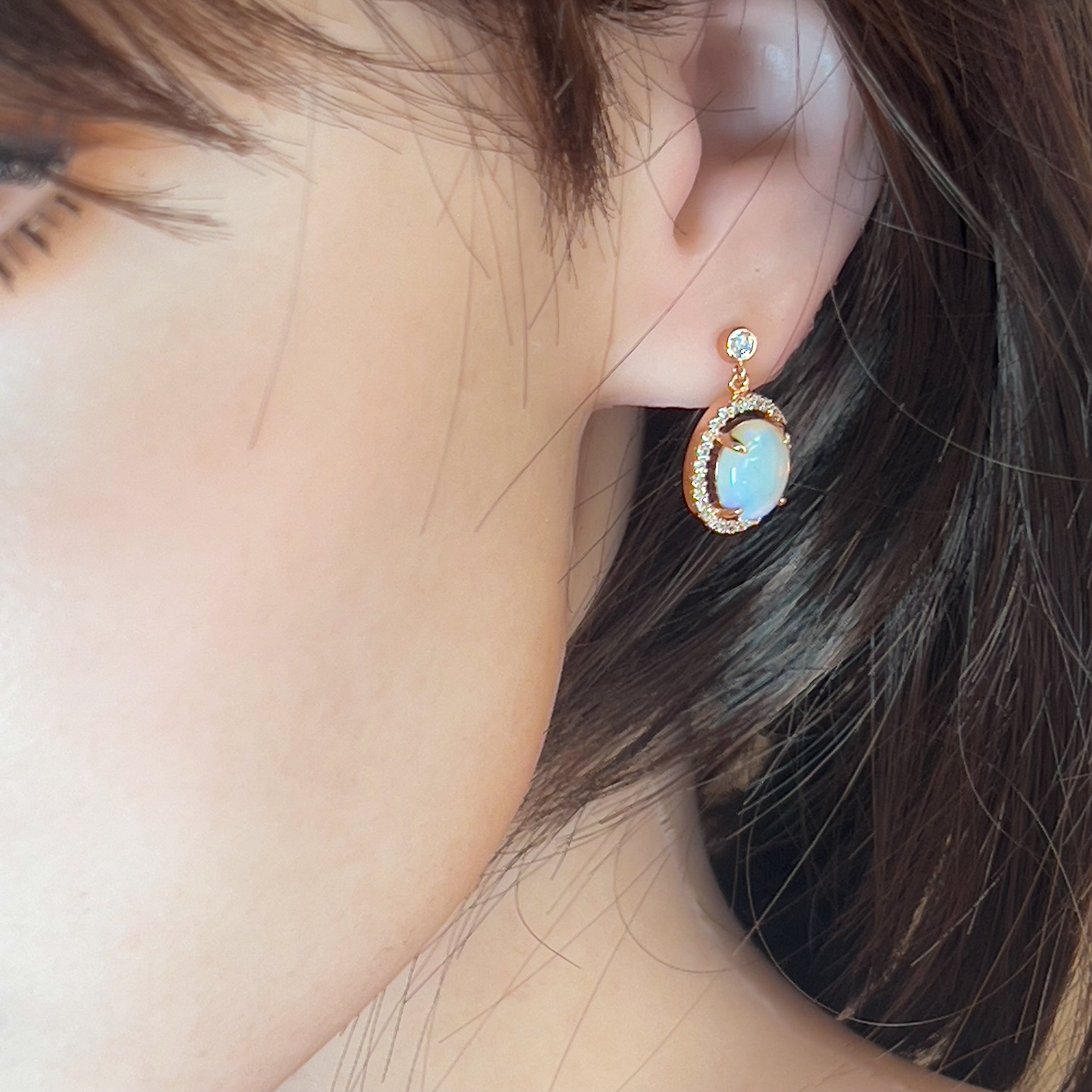 Rose Gold plated Sterling Silver dangling halo earrings 10x8mm White opals - Masterpiece Jewellery Opal & Gems Sydney Australia | Online Shop