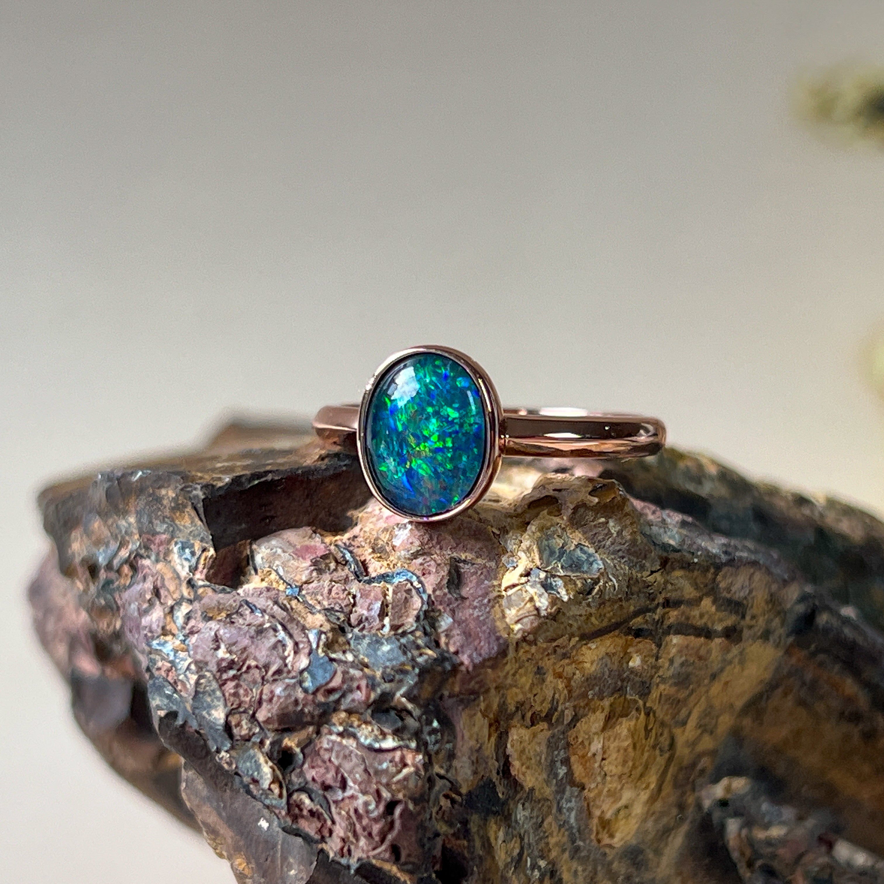 Rose Gold plated sterling silver 9x7mm Triplet Opal ring bezel set - Masterpiece Jewellery Opal & Gems Sydney Australia | Online Shop