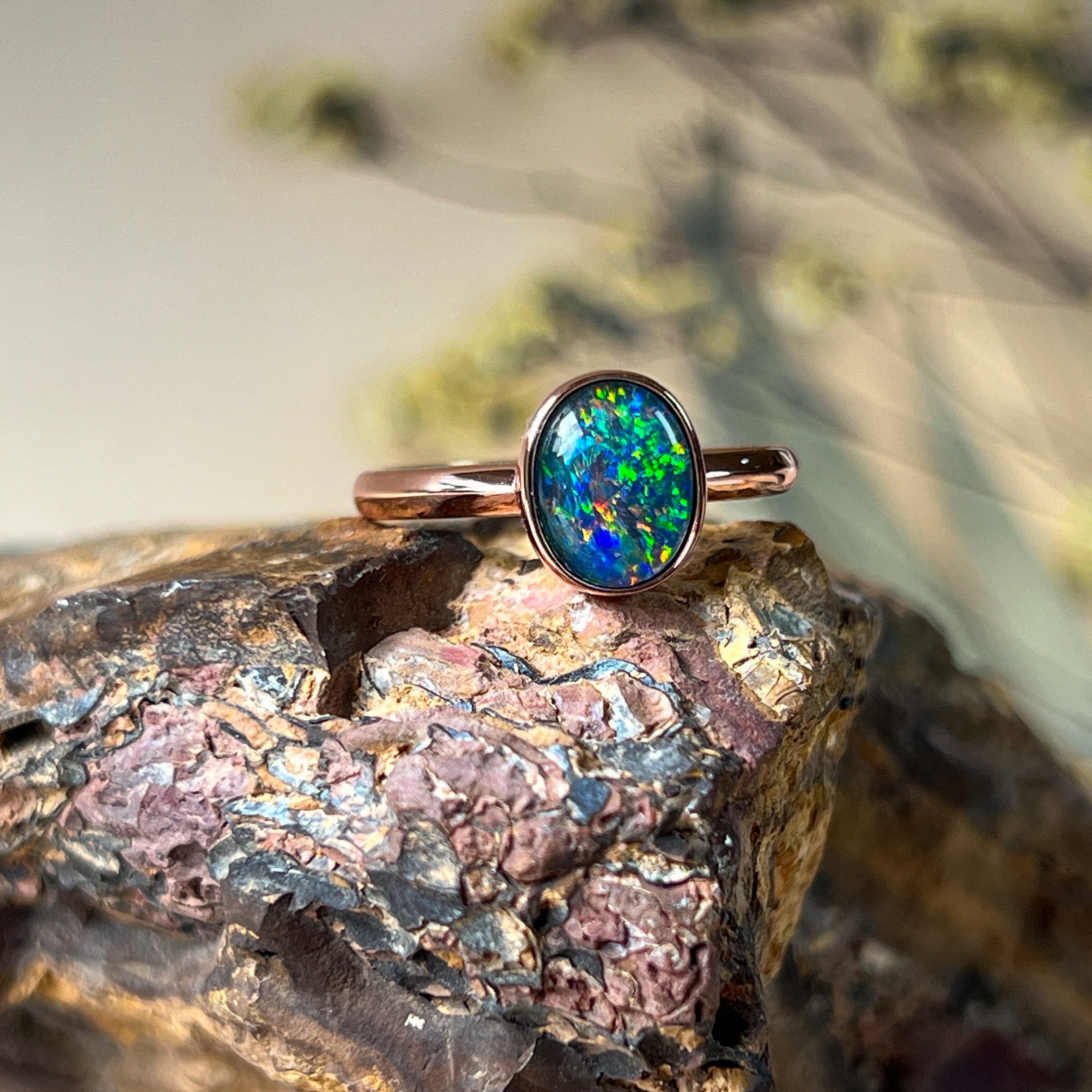 Rose Gold plated sterling silver 9x7mm Triplet Opal ring bezel set - Masterpiece Jewellery Opal & Gems Sydney Australia | Online Shop