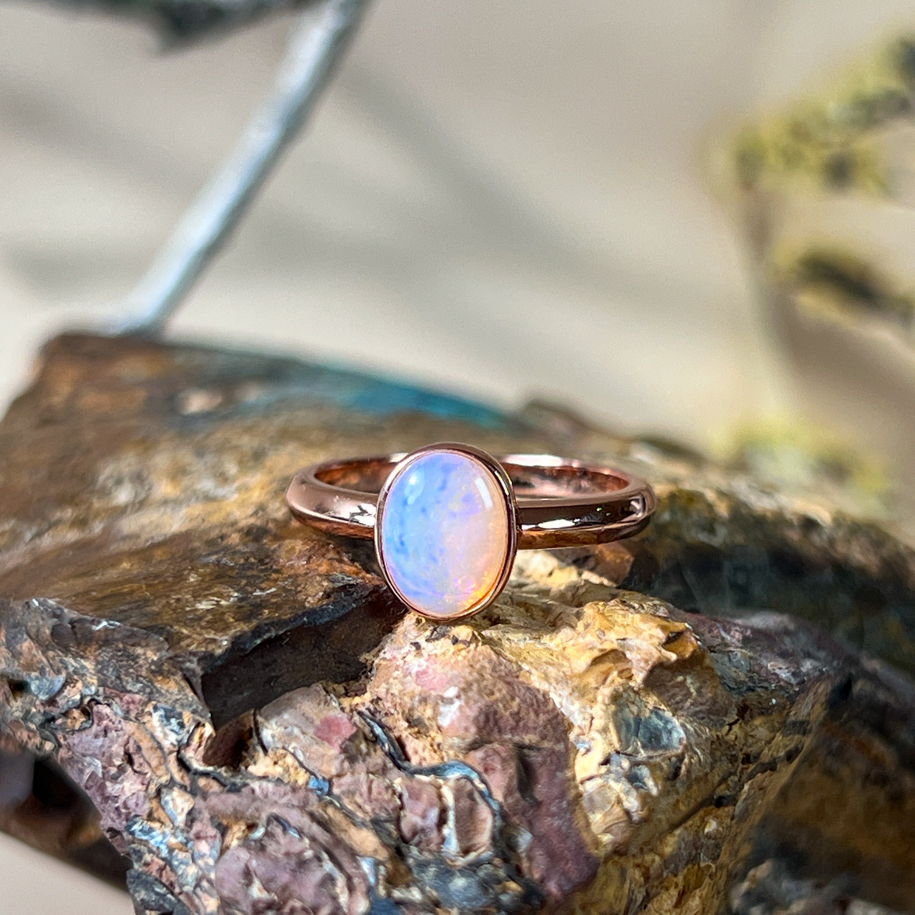 Rose Gold plated sterling silver 8x6mm White Opal ring bezel set - Masterpiece Jewellery Opal & Gems Sydney Australia | Online Shop