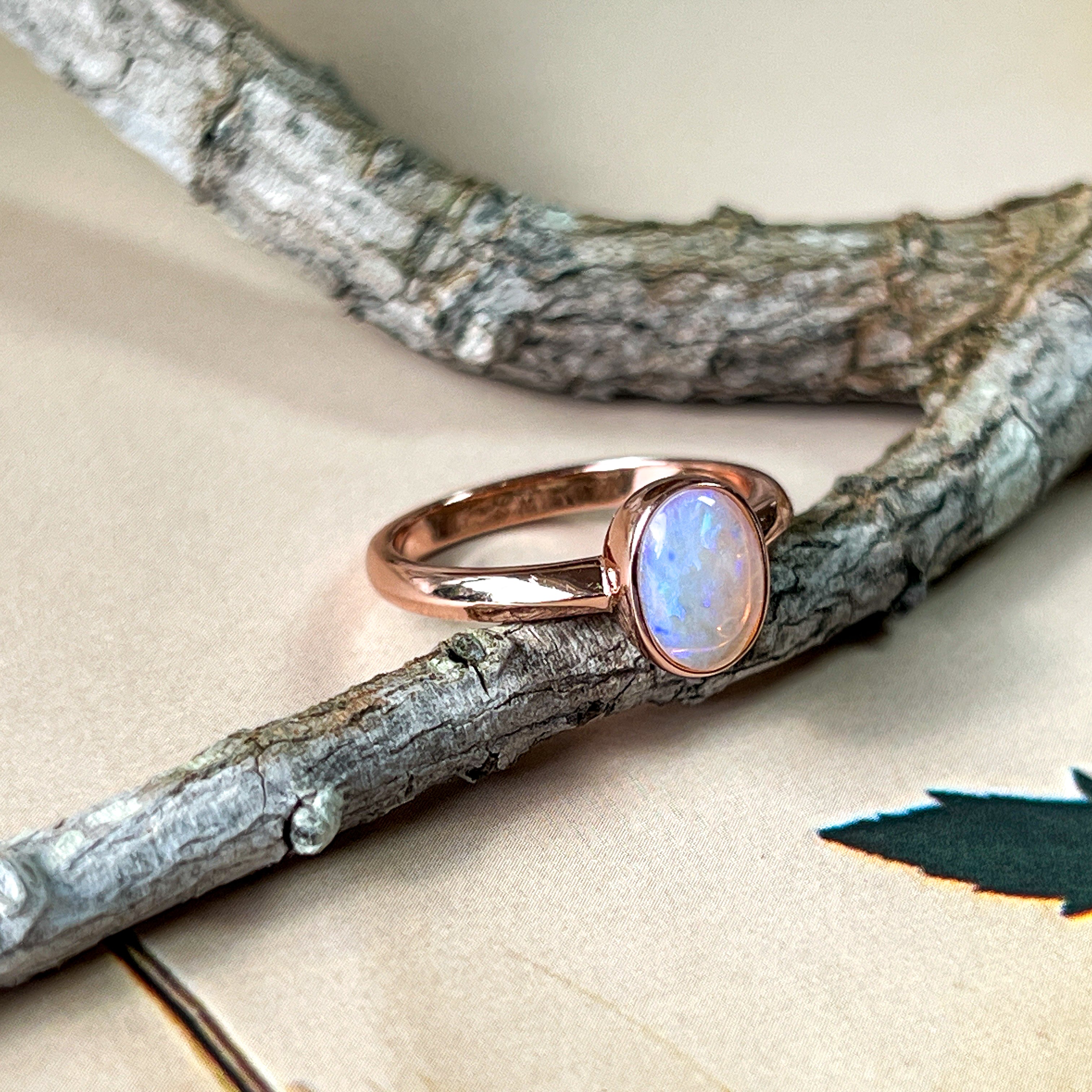 Rose Gold plated sterling silver 8x6mm White Opal ring bezel set - Masterpiece Jewellery Opal & Gems Sydney Australia | Online Shop