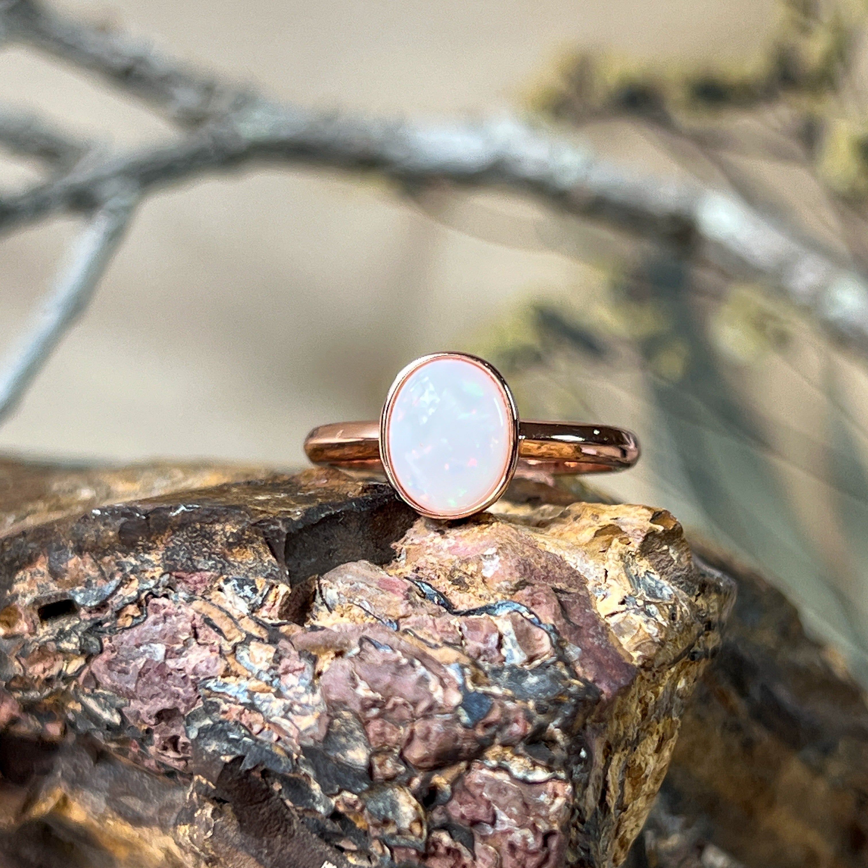 Bezel-Set Solitaire White Opal Ring - 10x8mm, Rose Gold-Plated Sterling Silver, Elegant Minimalist Jewelry, Perfect Gift for Her - Masterpiece Jewellery Opal & Gems Sydney Australia | Online Shop