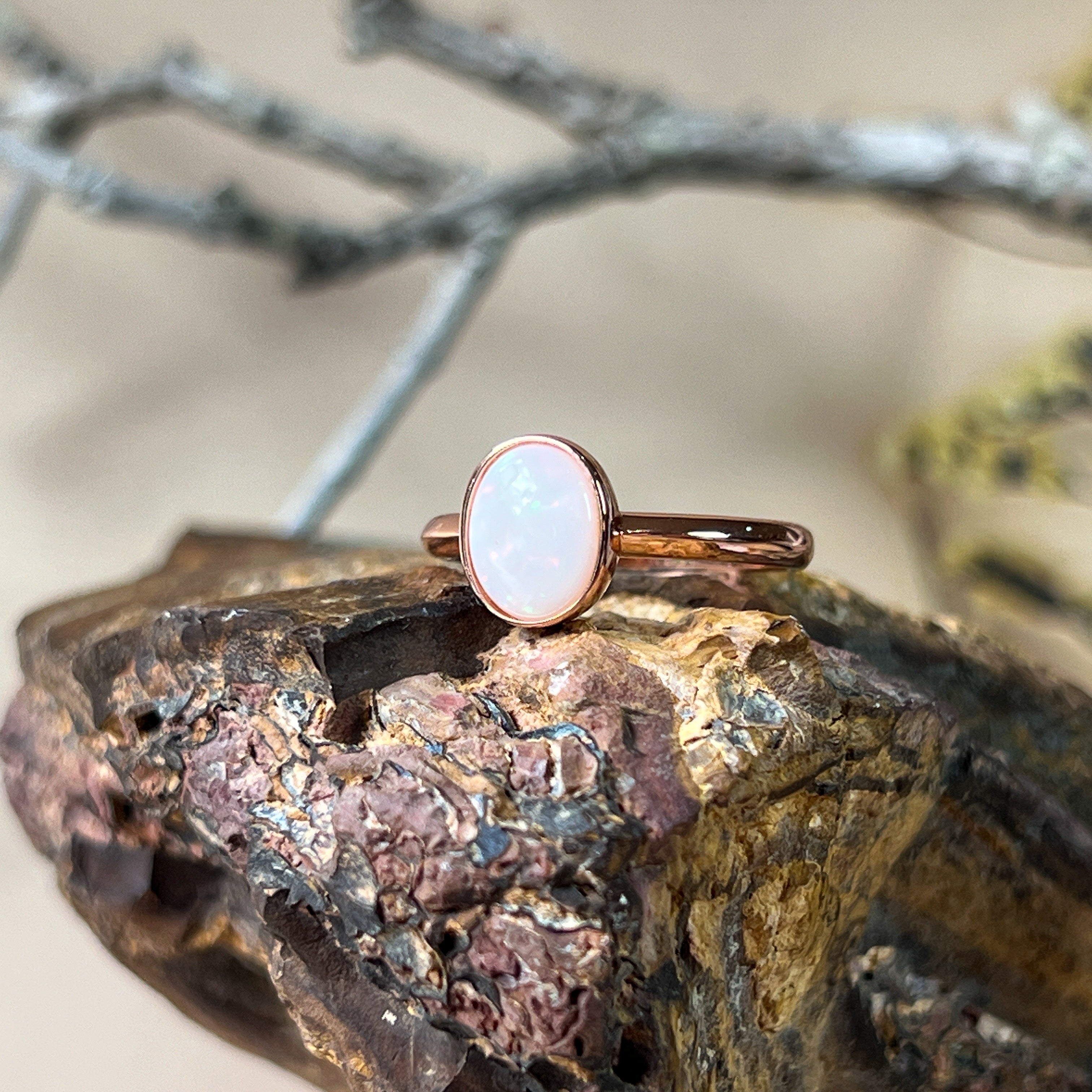 Bezel-Set Solitaire White Opal Ring - 10x8mm, Rose Gold-Plated Sterling Silver, Elegant Minimalist Jewelry, Perfect Gift for Her - Masterpiece Jewellery Opal & Gems Sydney Australia | Online Shop