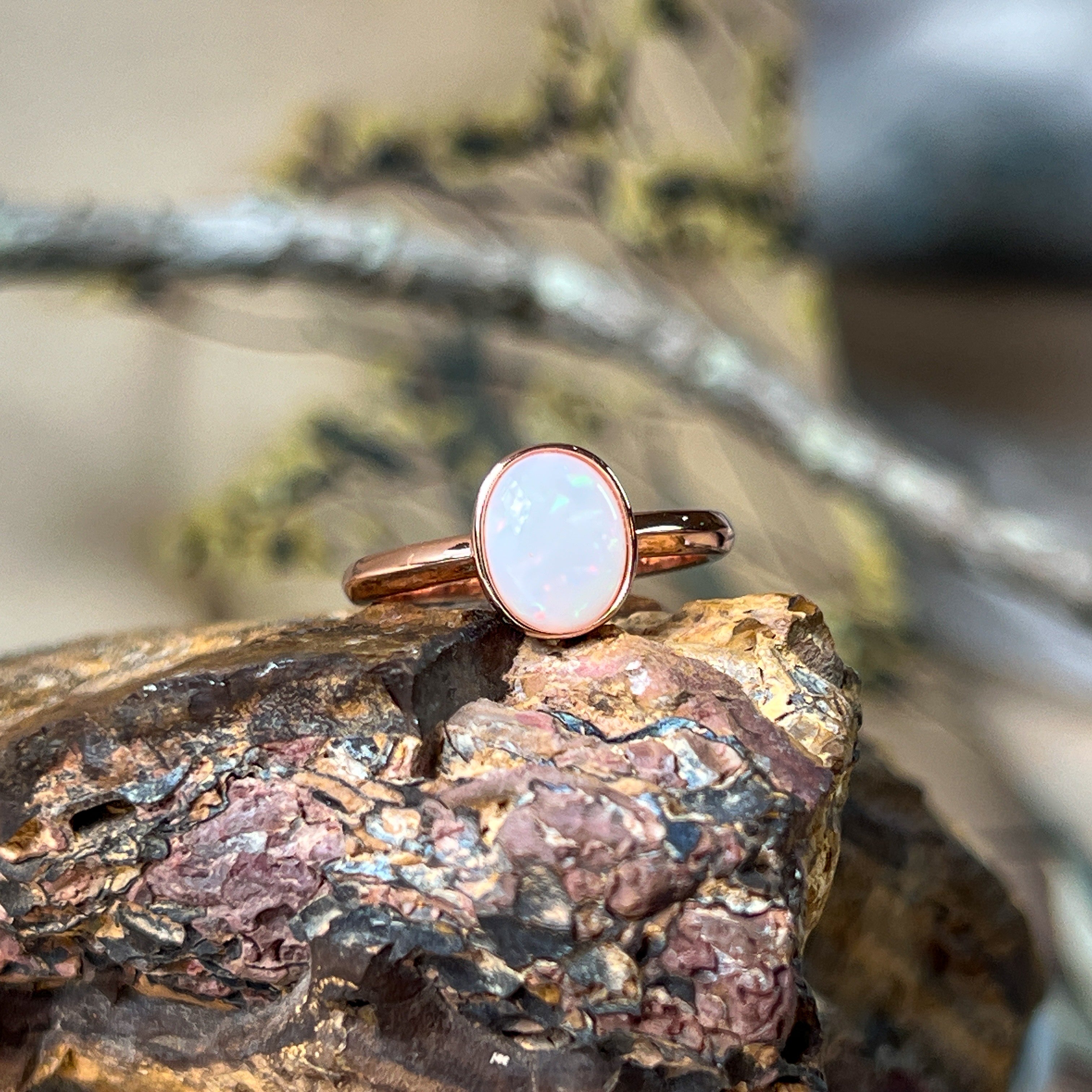 Bezel-Set Solitaire White Opal Ring - 10x8mm, Rose Gold-Plated Sterling Silver, Elegant Minimalist Jewelry, Perfect Gift for Her - Masterpiece Jewellery Opal & Gems Sydney Australia | Online Shop